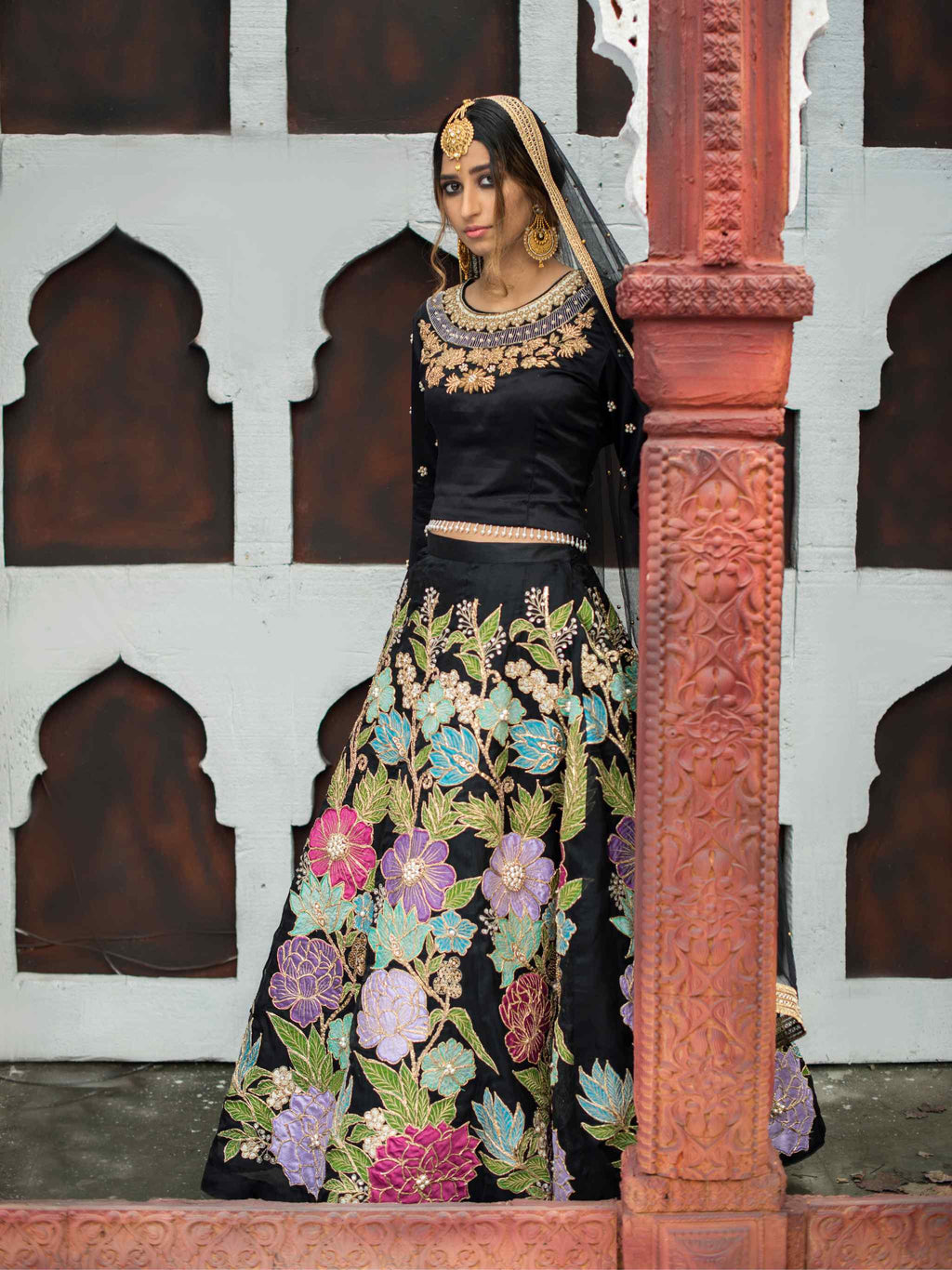 Siyah embellished organza floral lehnga with silk choli and dupatta