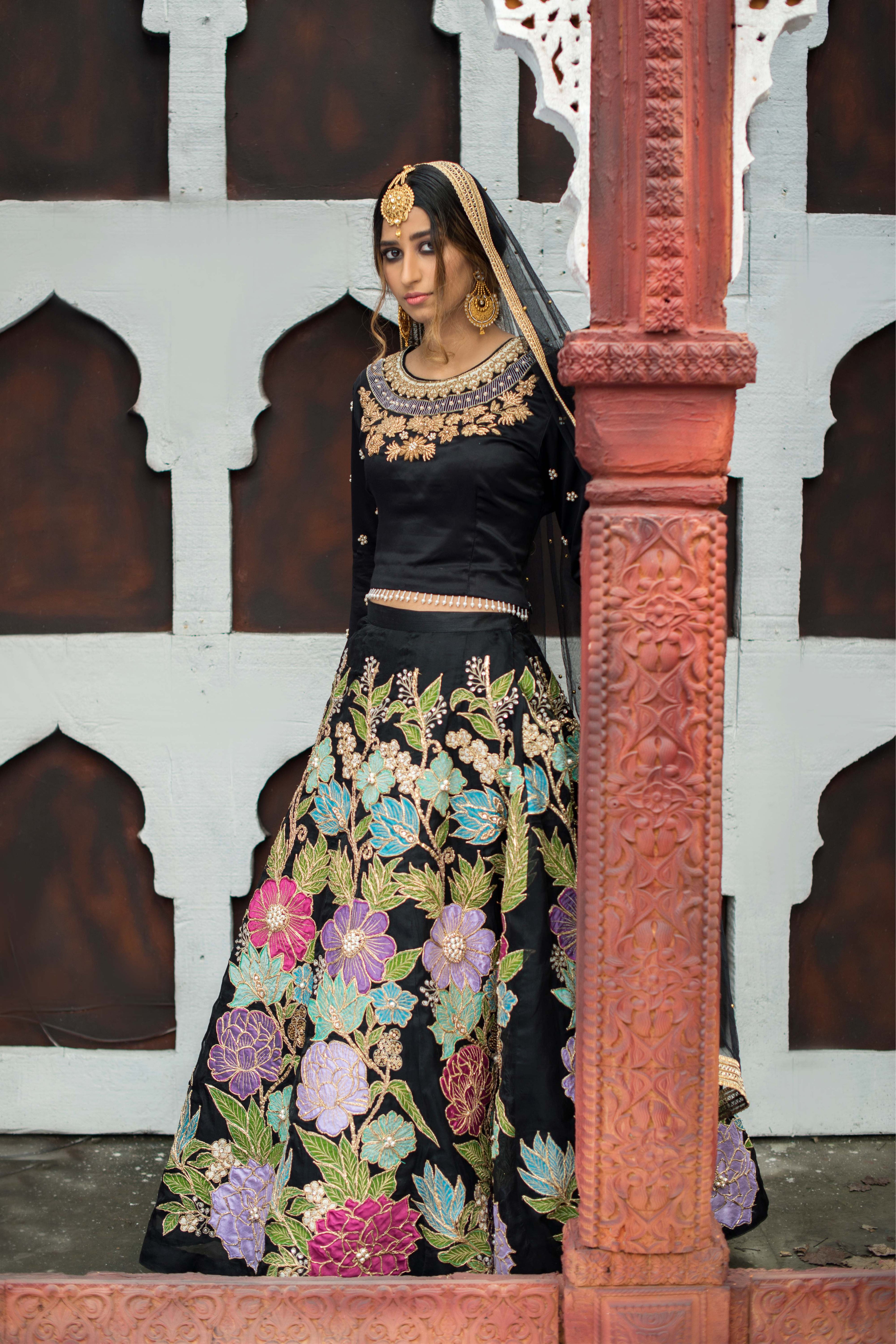 Siyah embellished organza floral lehnga with silk choli and dupatta