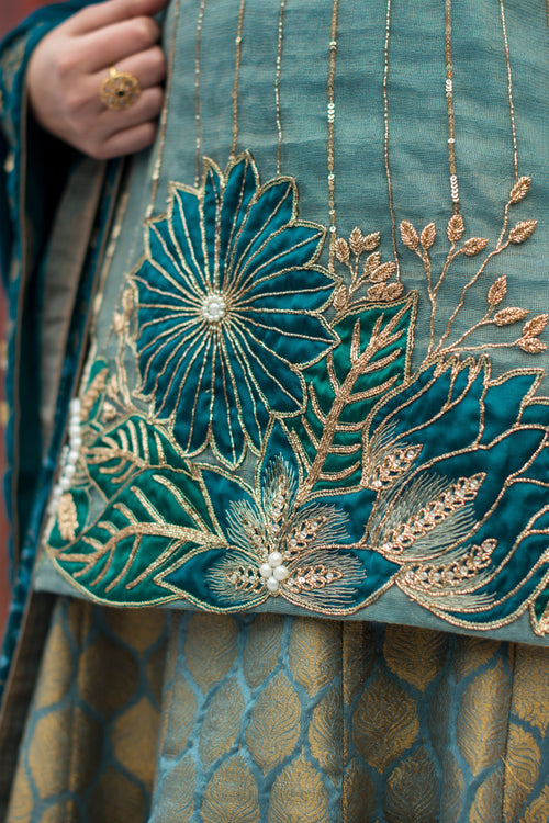 Feroza A-line zari net hand embellished shirt with jamavar lehnga and velvet shawl