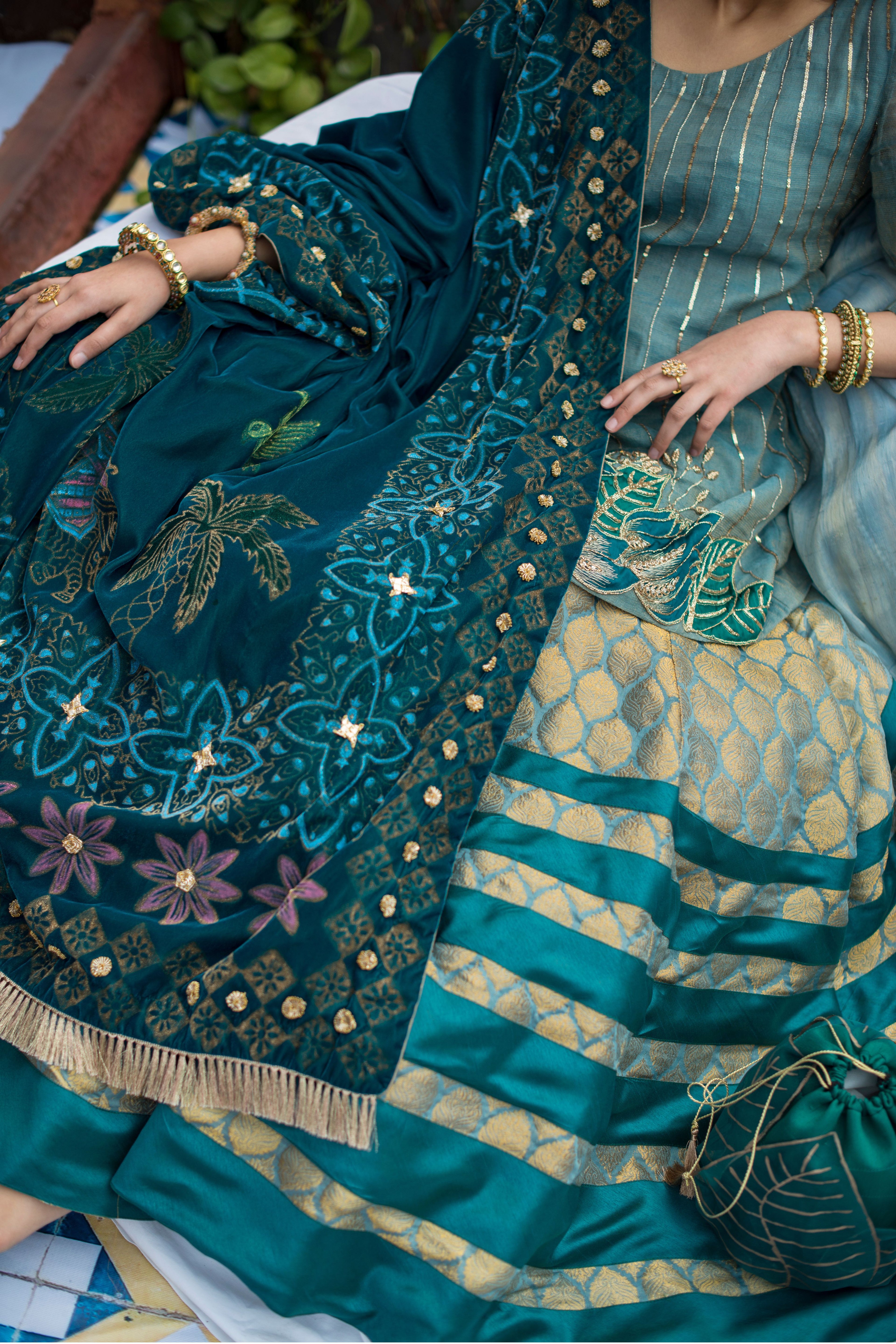 Feroza A-line zari net hand embellished shirt with jamavar lehnga and velvet shawl