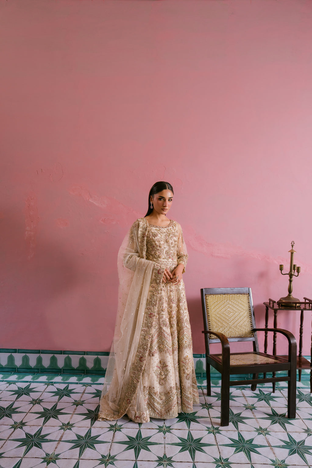 Saaz soft gold net dress with hand embellishment