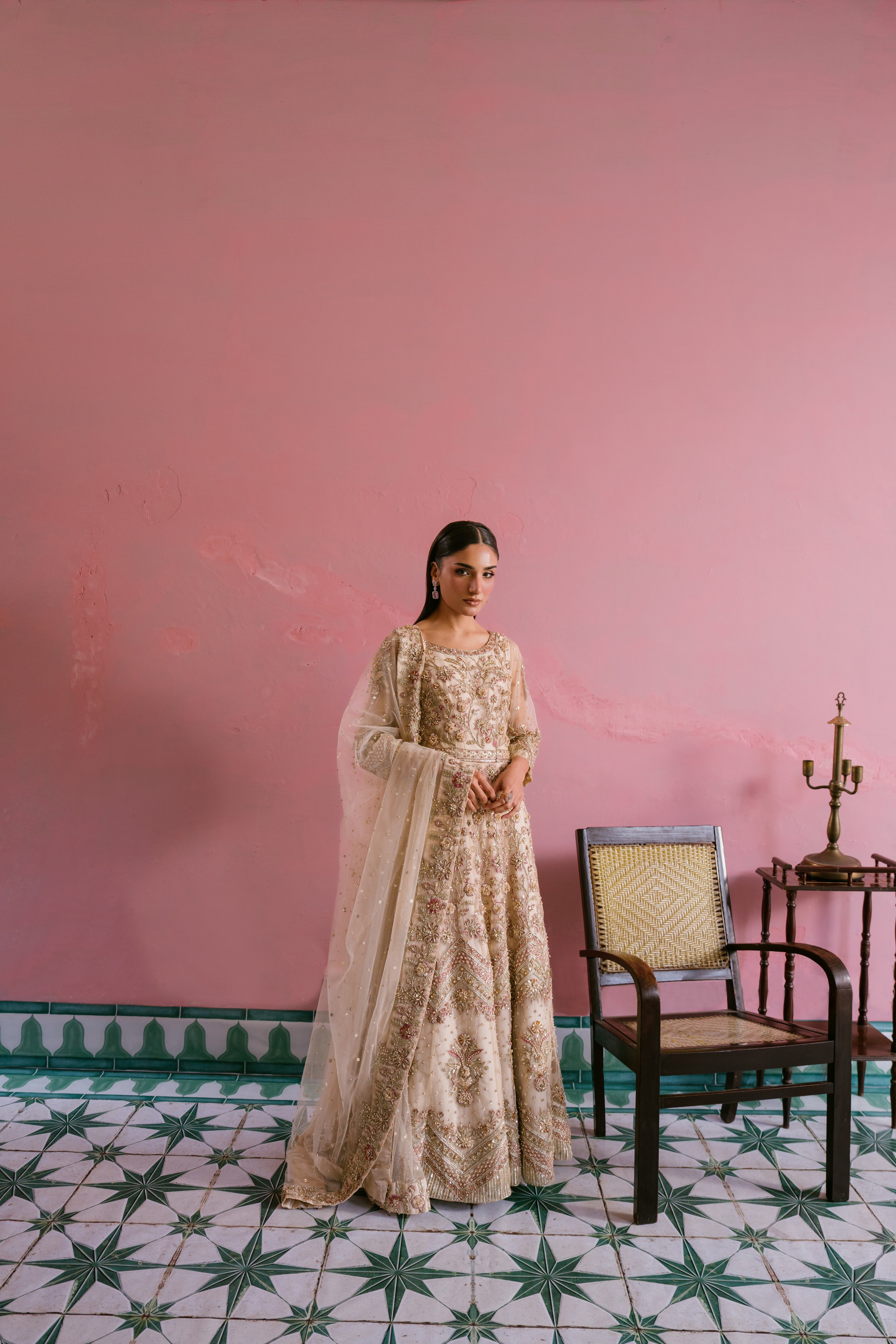 Saaz soft gold net dress with hand embellishment