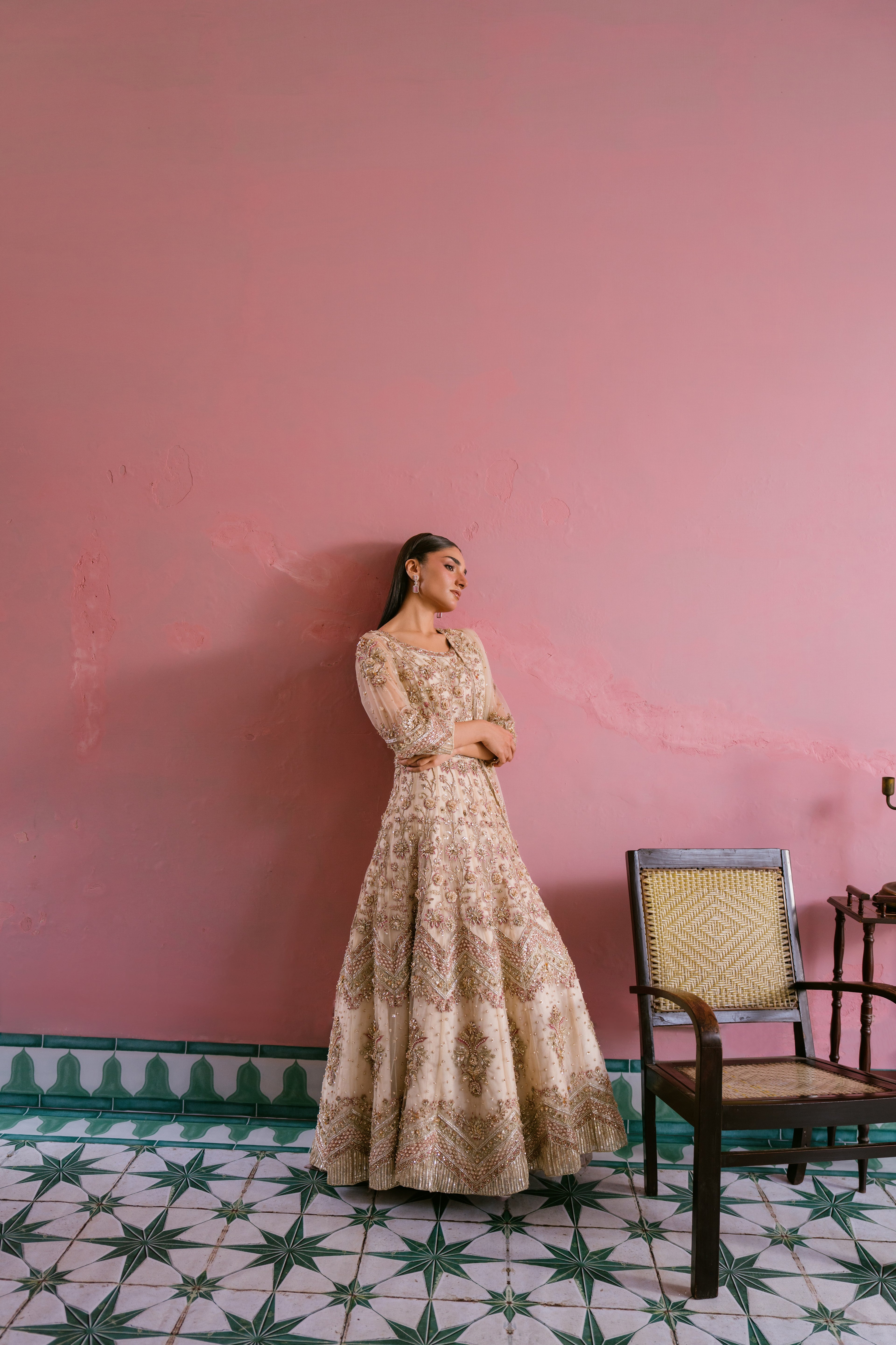 Saaz soft gold net dress with hand embellishment