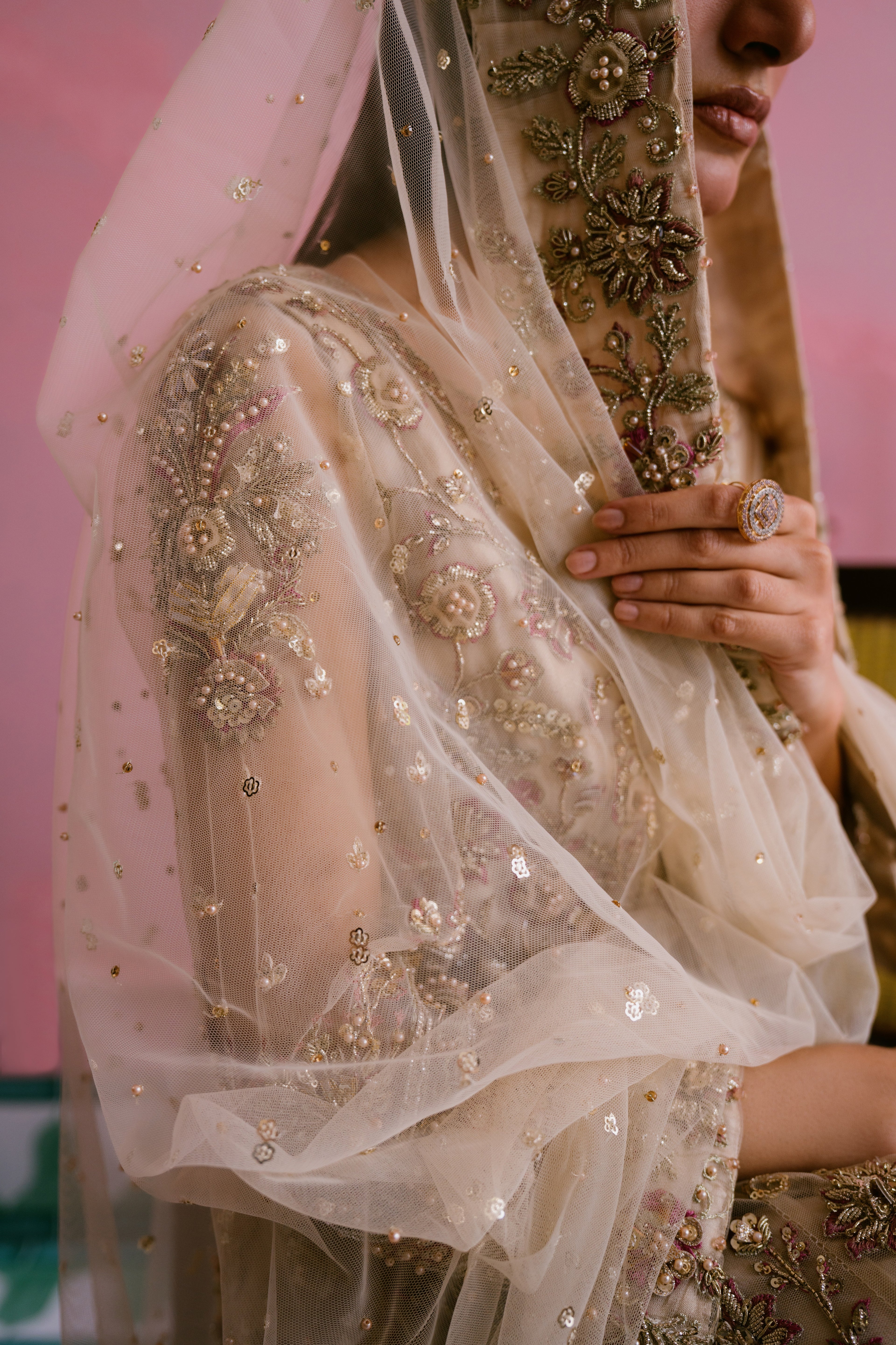 Saaz soft gold net dress with hand embellishment