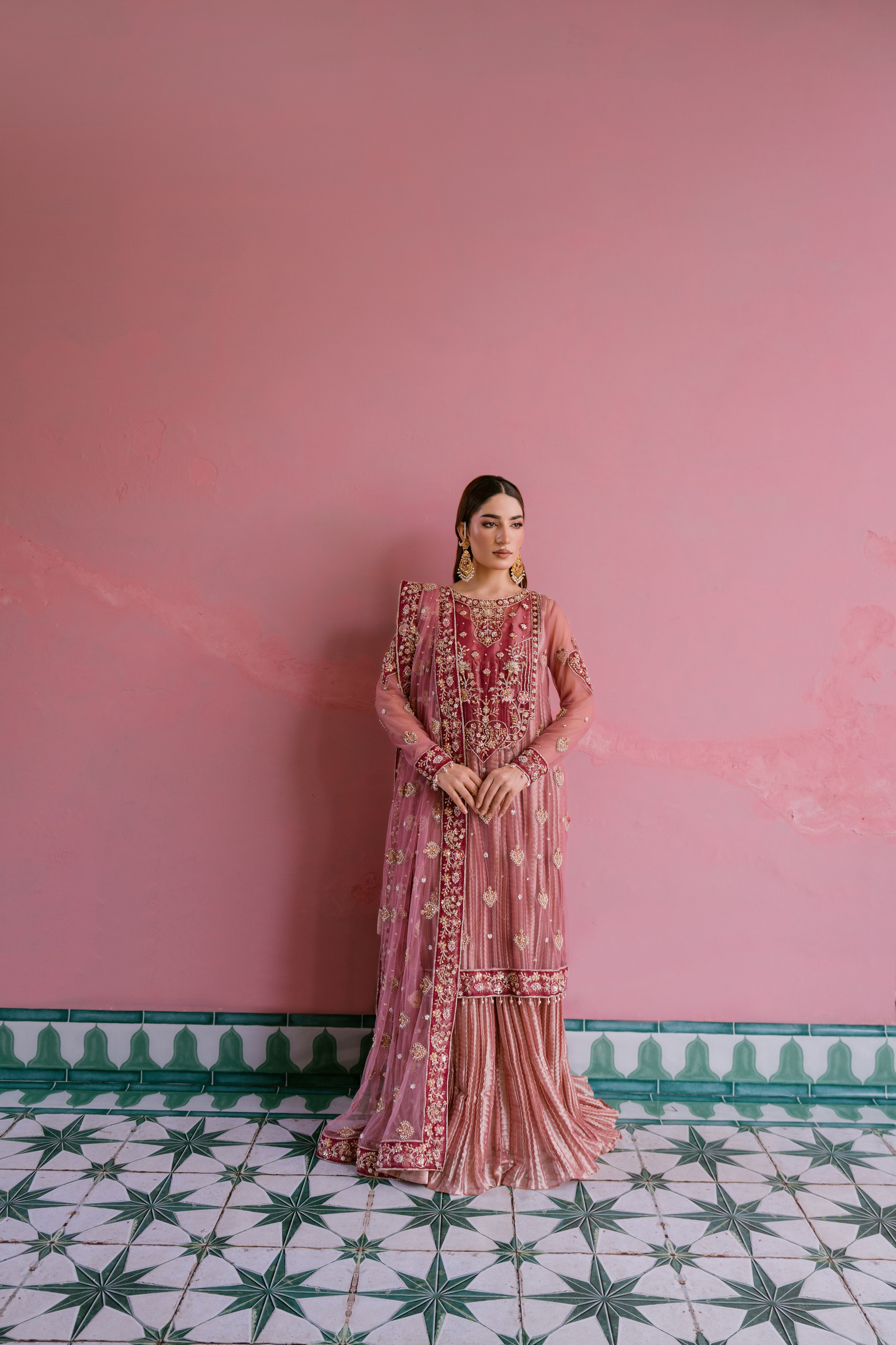 Raunaq blush net shirt with rose gold crushed tissue pishwas