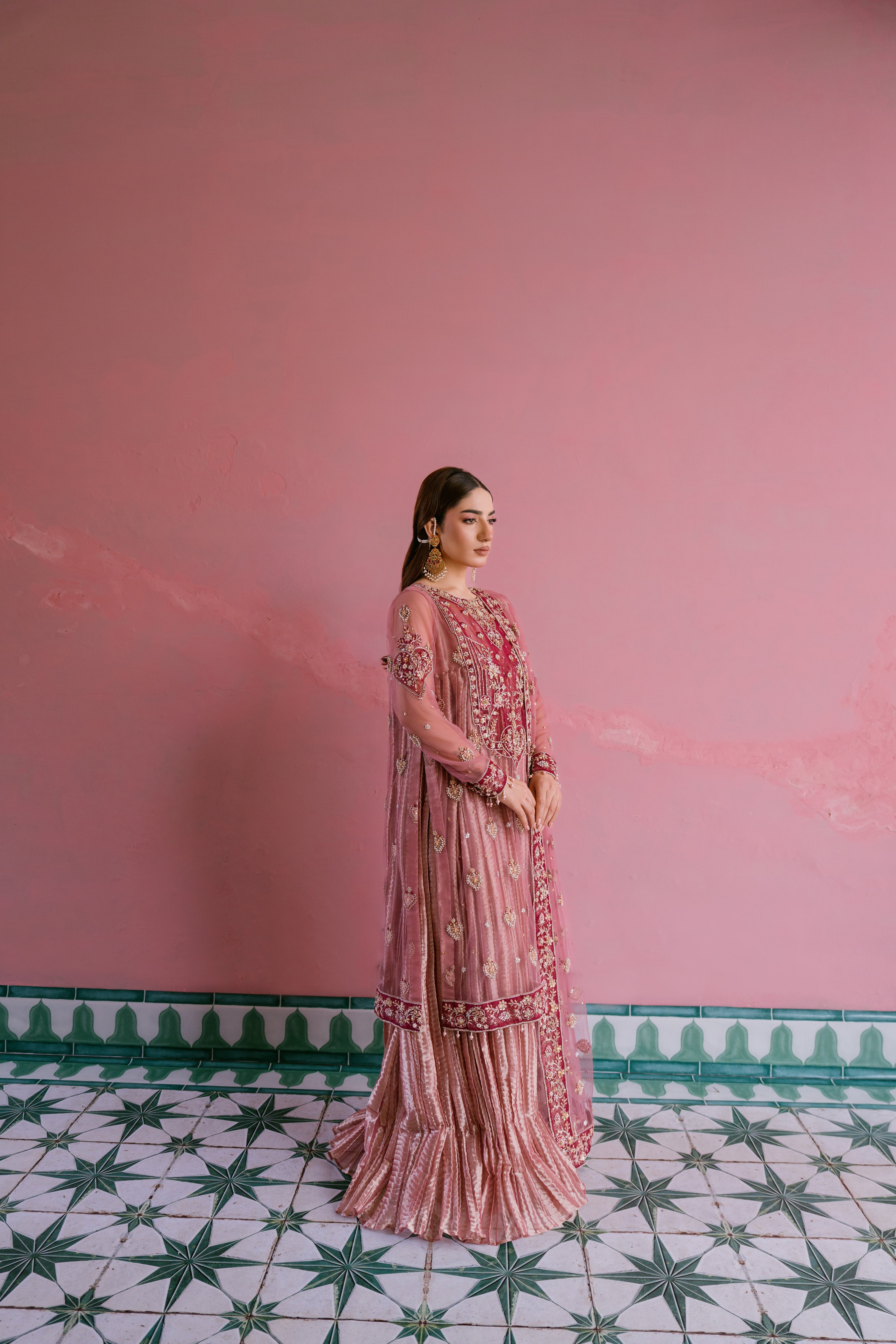 Raunaq blush net shirt with rose gold crushed tissue pishwas