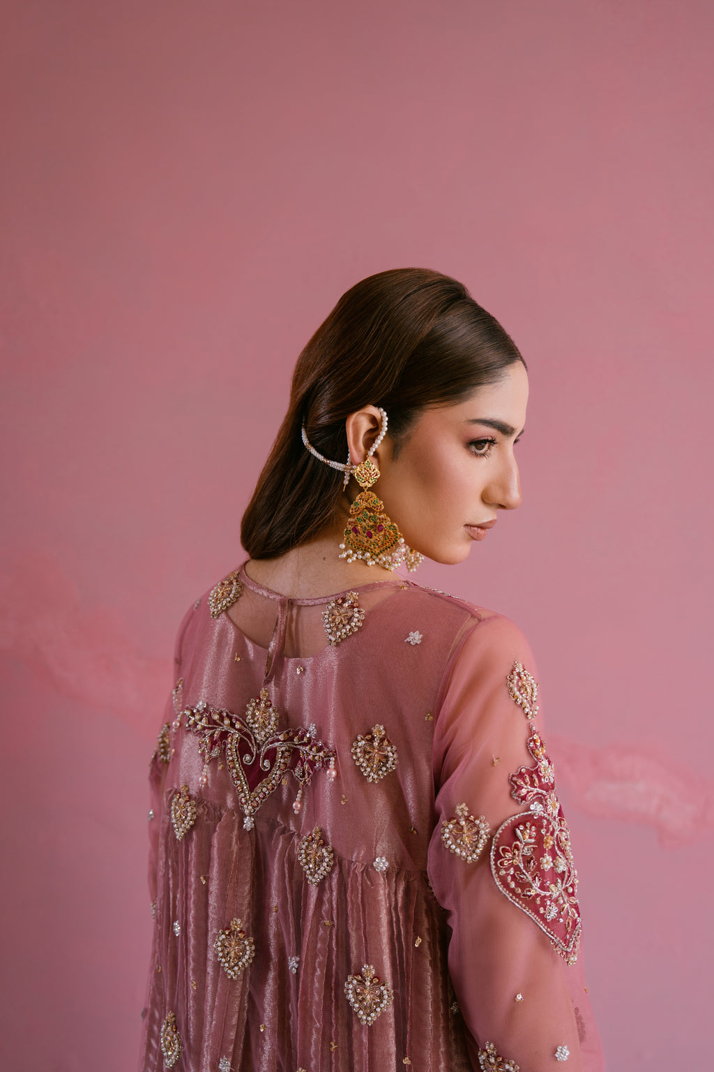 Raunaq blush net shirt with rose gold crushed tissue pishwas
