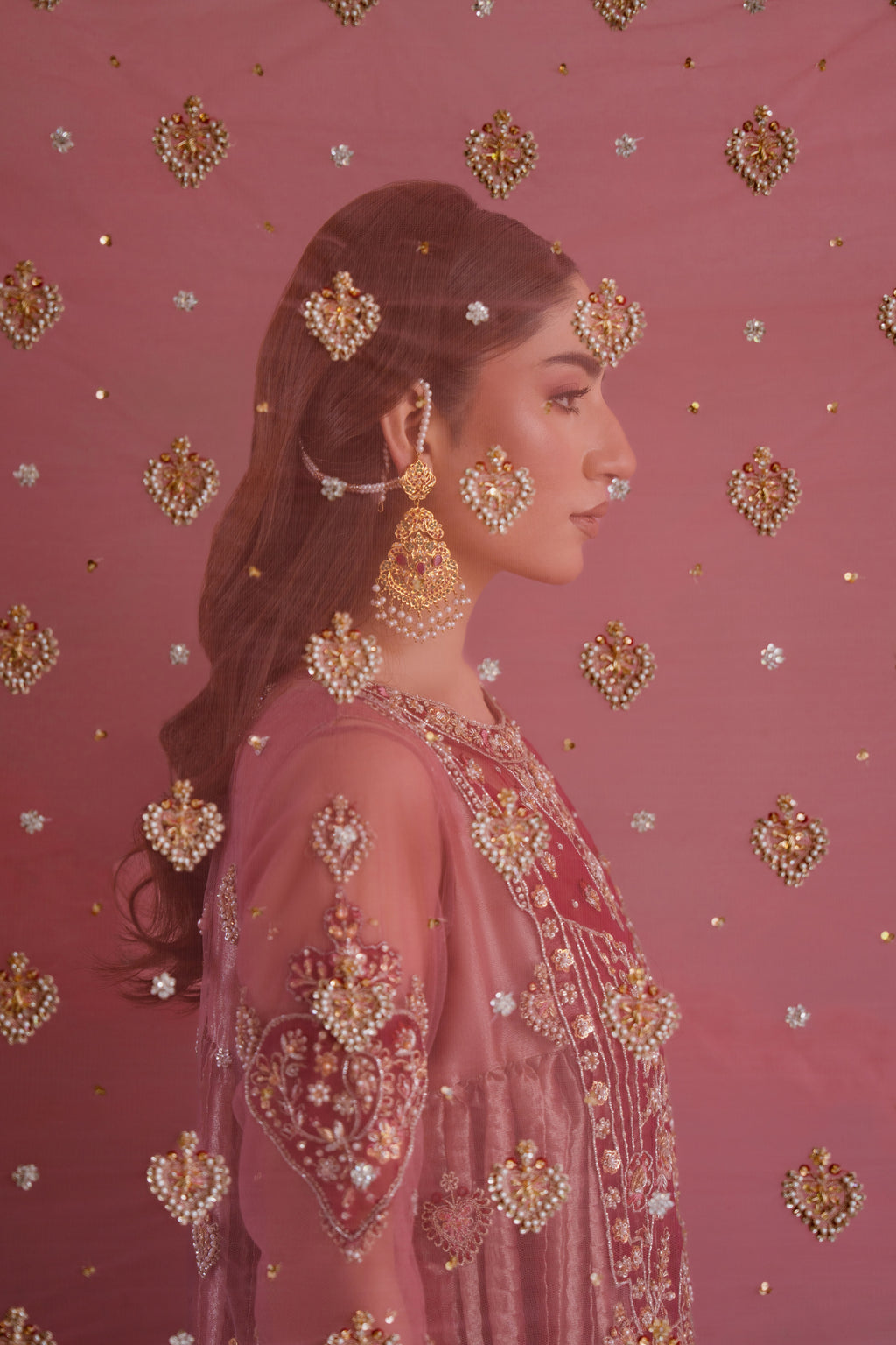 Raunaq blush net shirt with rose gold crushed tissue pishwas