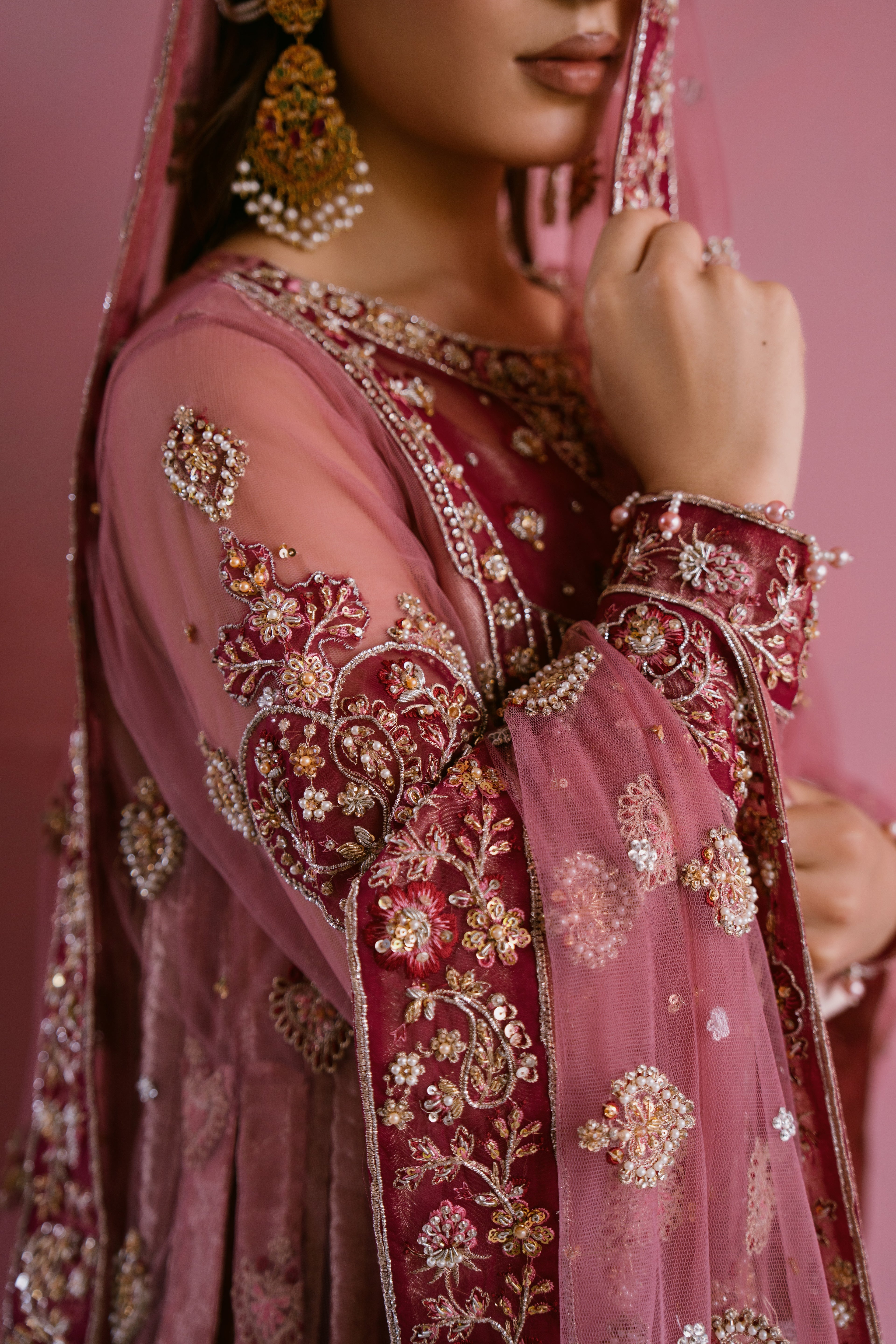 Raunaq blush net shirt with rose gold crushed tissue pishwas