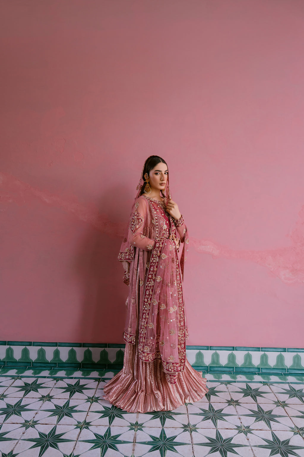 Raunaq blush net shirt with rose gold crushed tissue pishwas