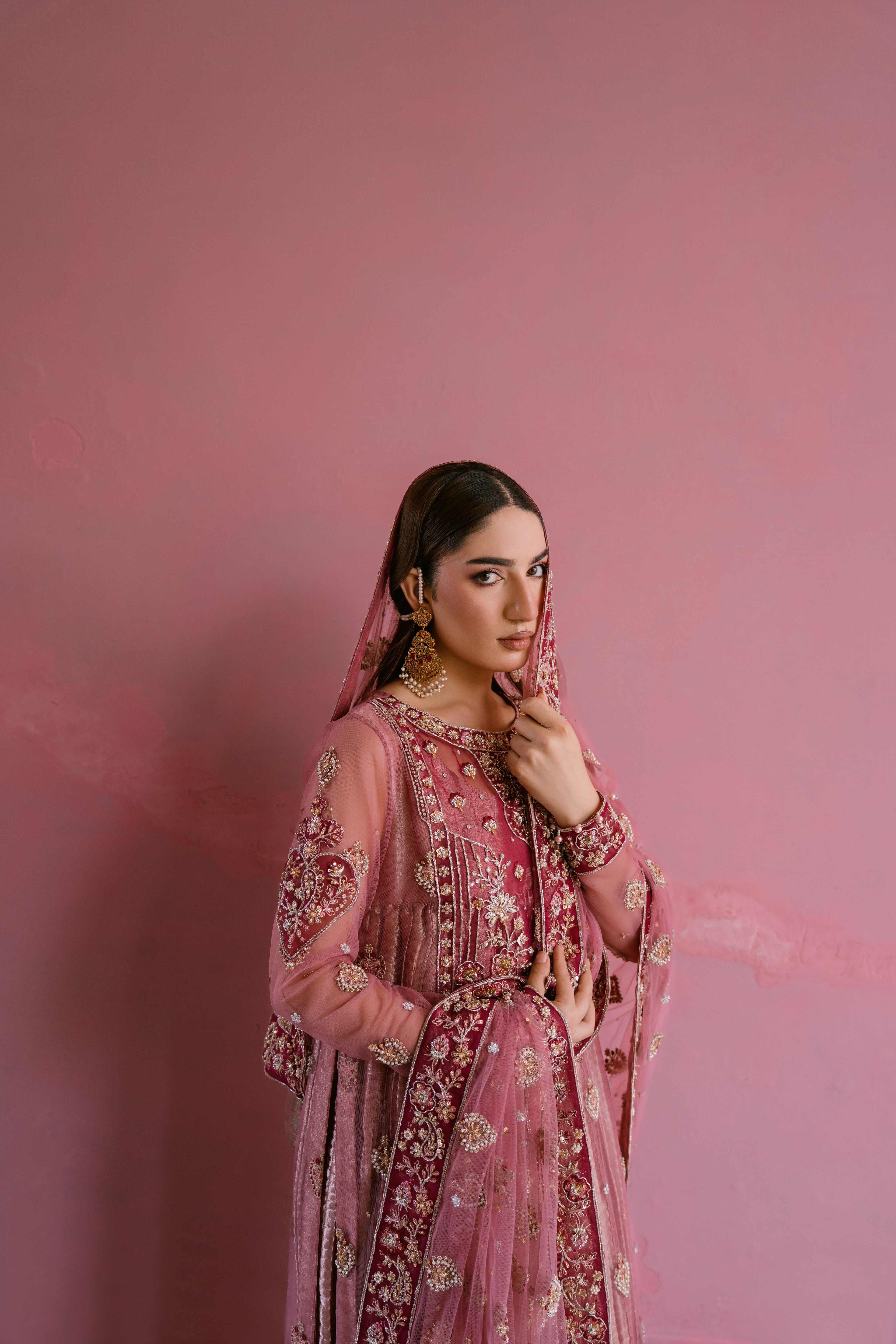 Raunaq blush net shirt with rose gold crushed tissue pishwas