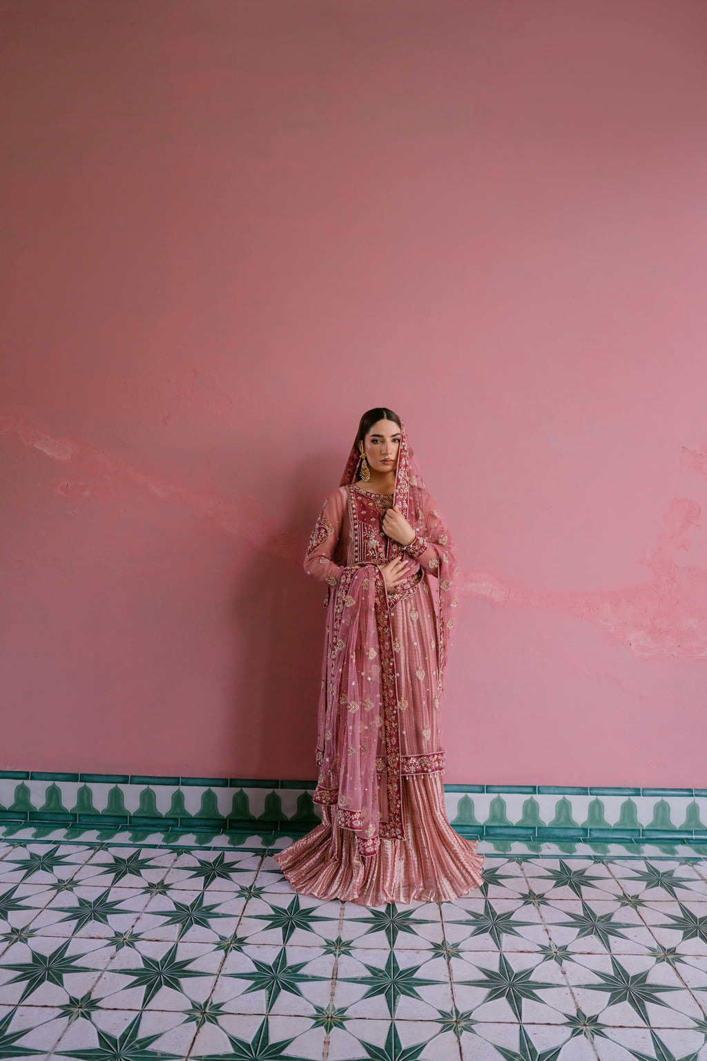 Raunaq blush net shirt with rose gold crushed tissue pishwas