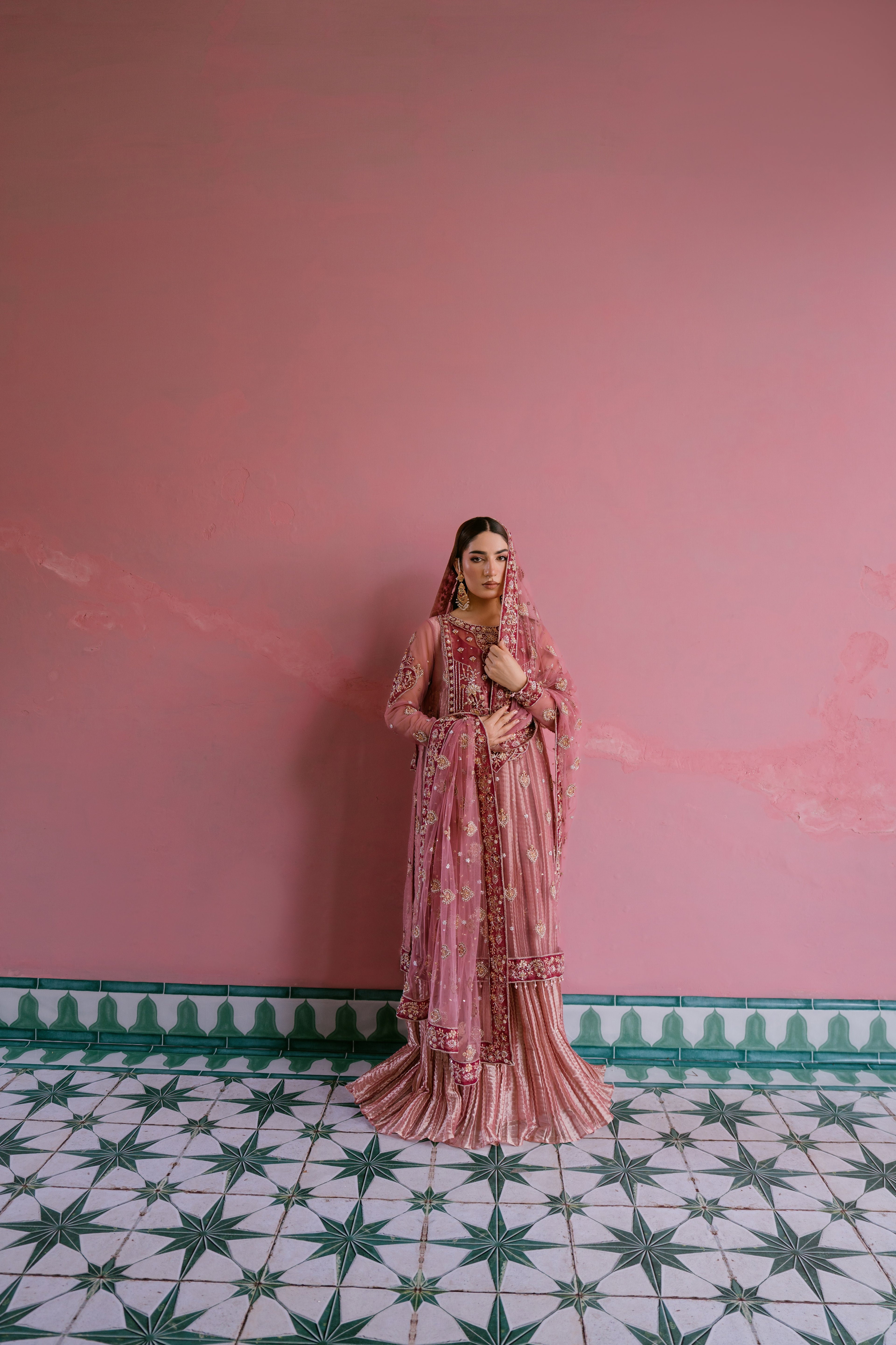 Raunaq blush net shirt with rose gold crushed tissue pishwas