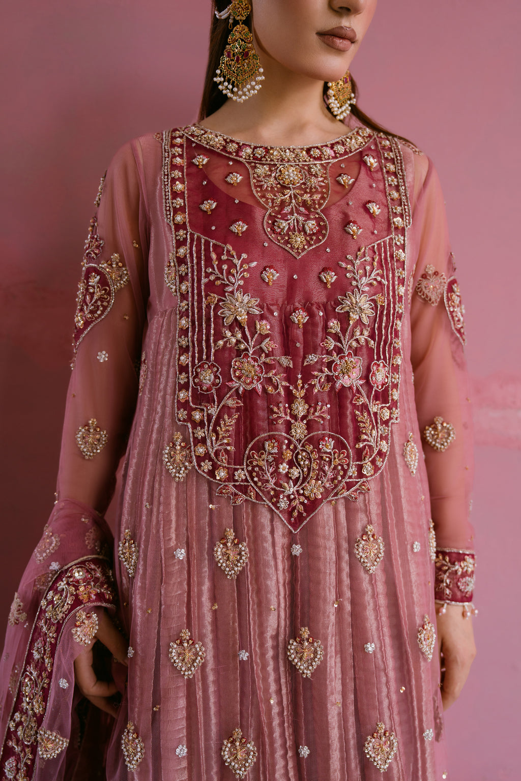 Raunaq blush net shirt with rose gold crushed tissue pishwas