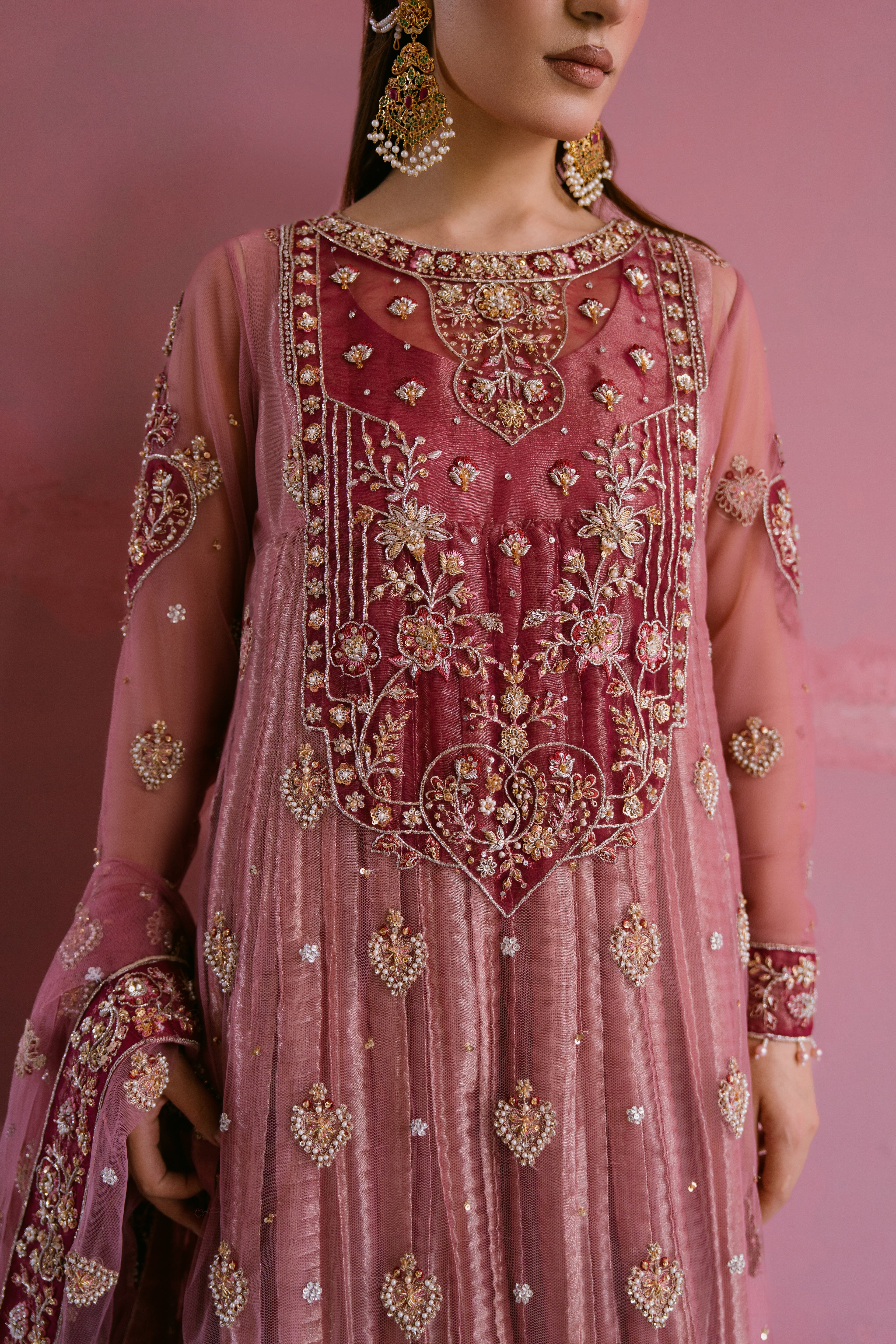 Raunaq blush net shirt with rose gold crushed tissue pishwas