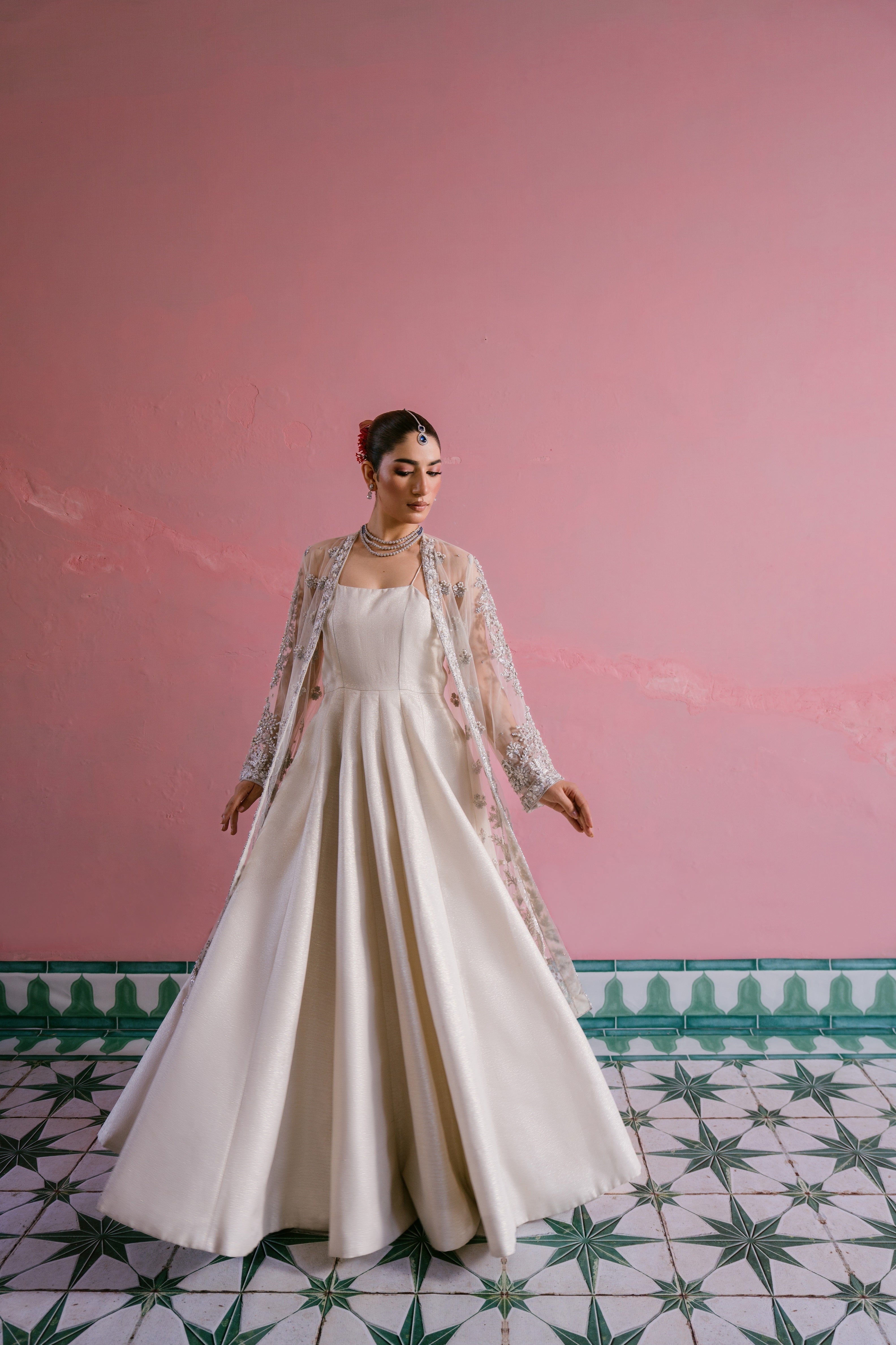 Seher ivory shimmer silk pishwas with embellished net gown
