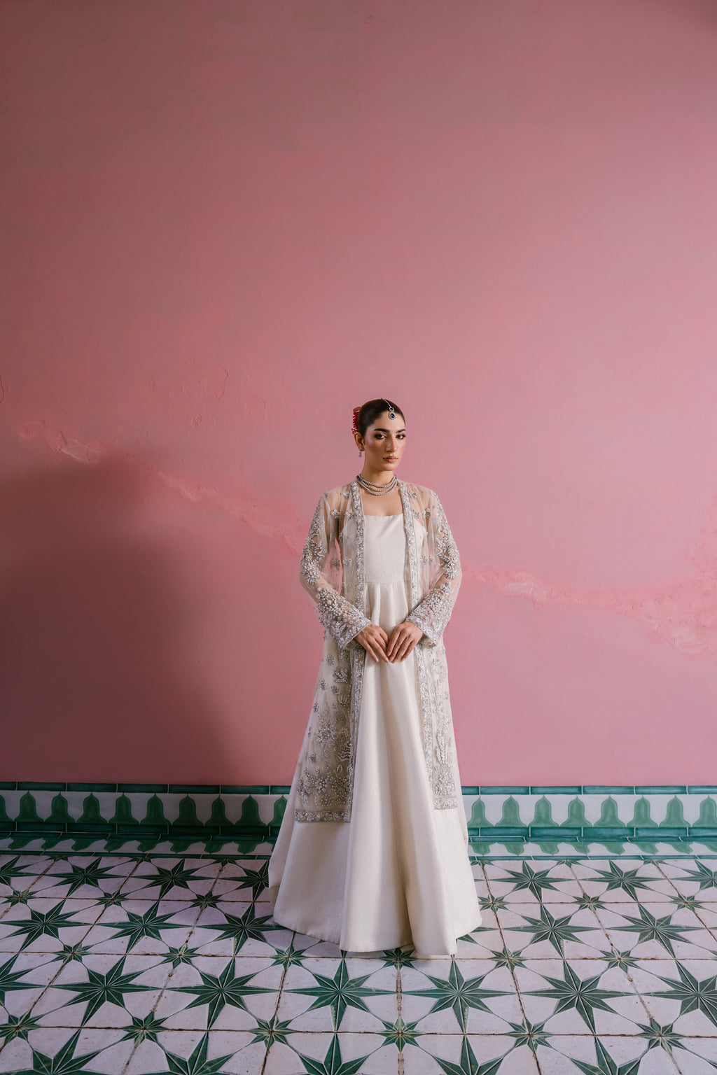 Seher ivory shimmer silk pishwas with embellished net gown