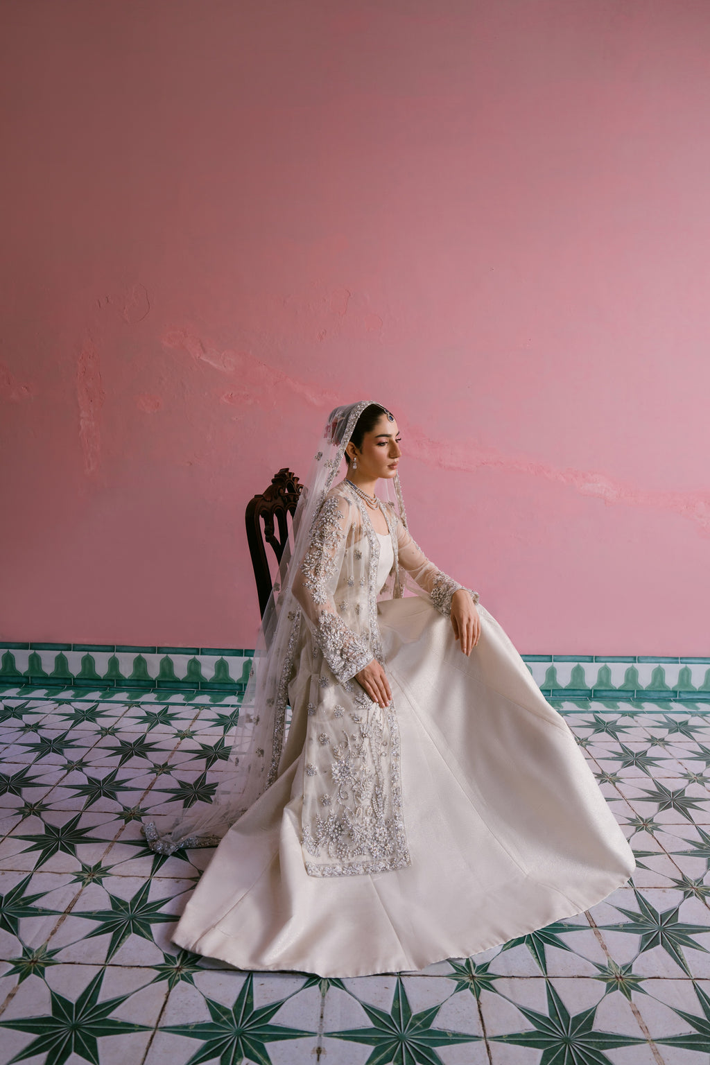 Seher ivory shimmer silk pishwas with embellished net gown