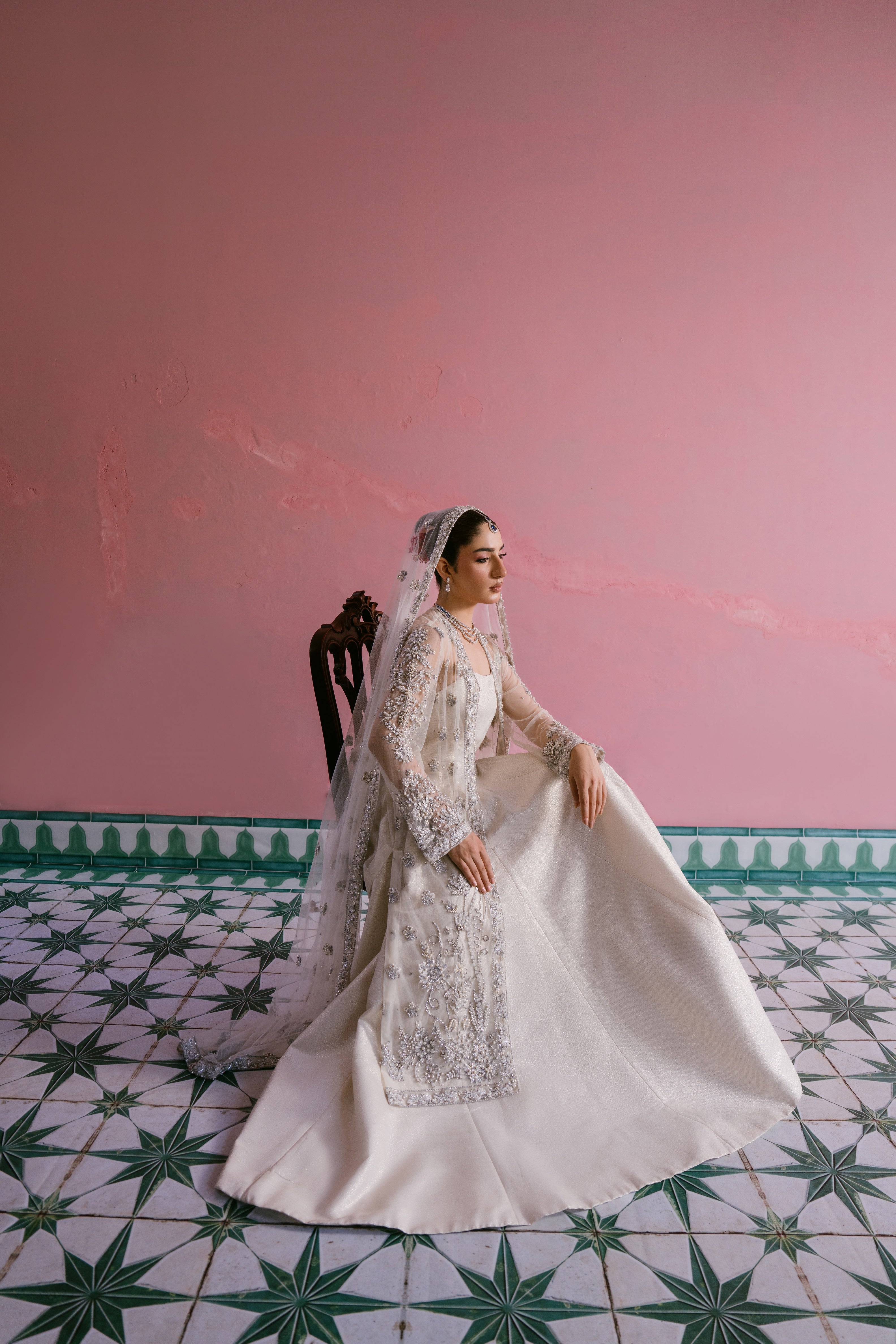 Seher ivory shimmer silk pishwas with embellished net gown