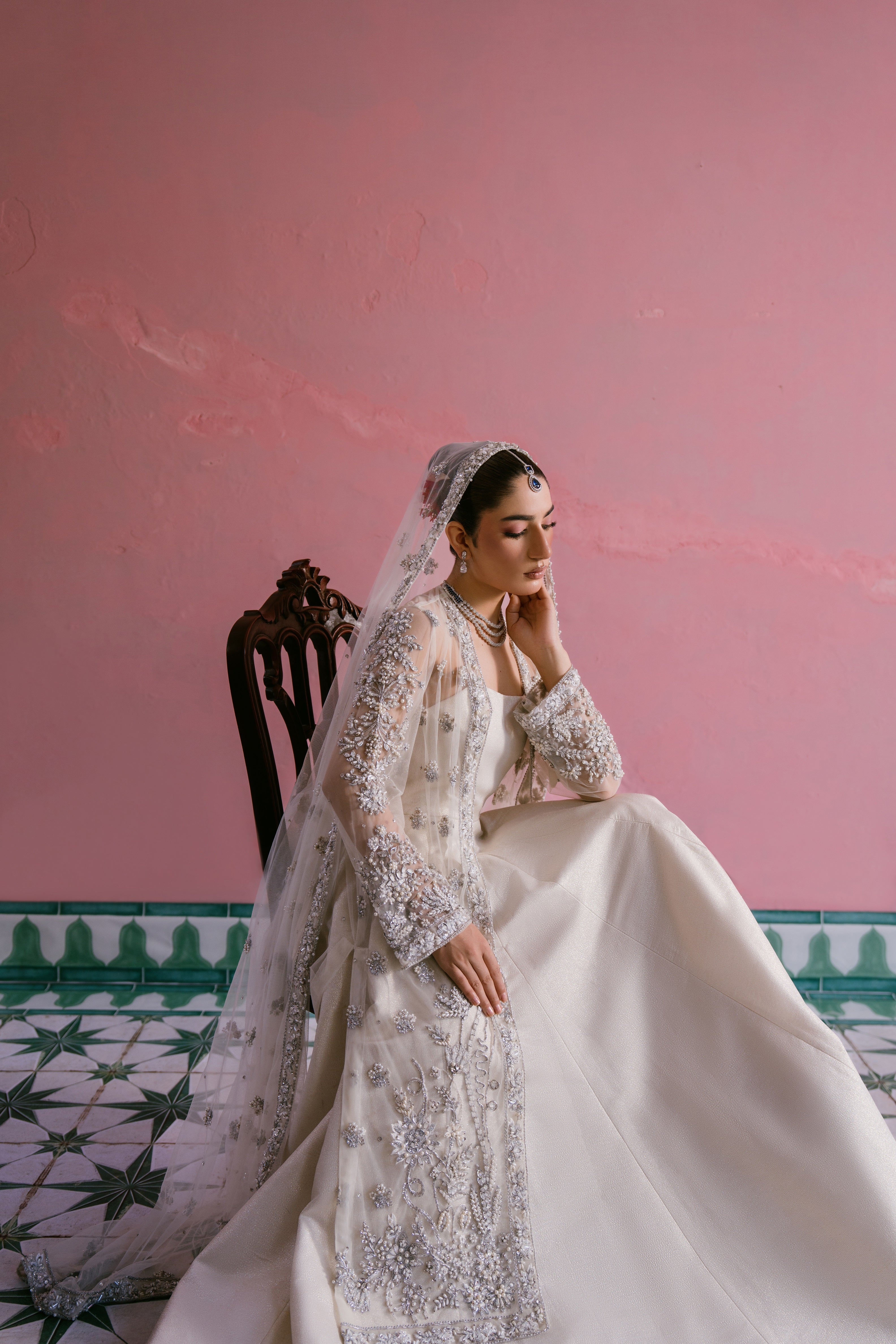 Seher ivory shimmer silk pishwas with embellished net gown