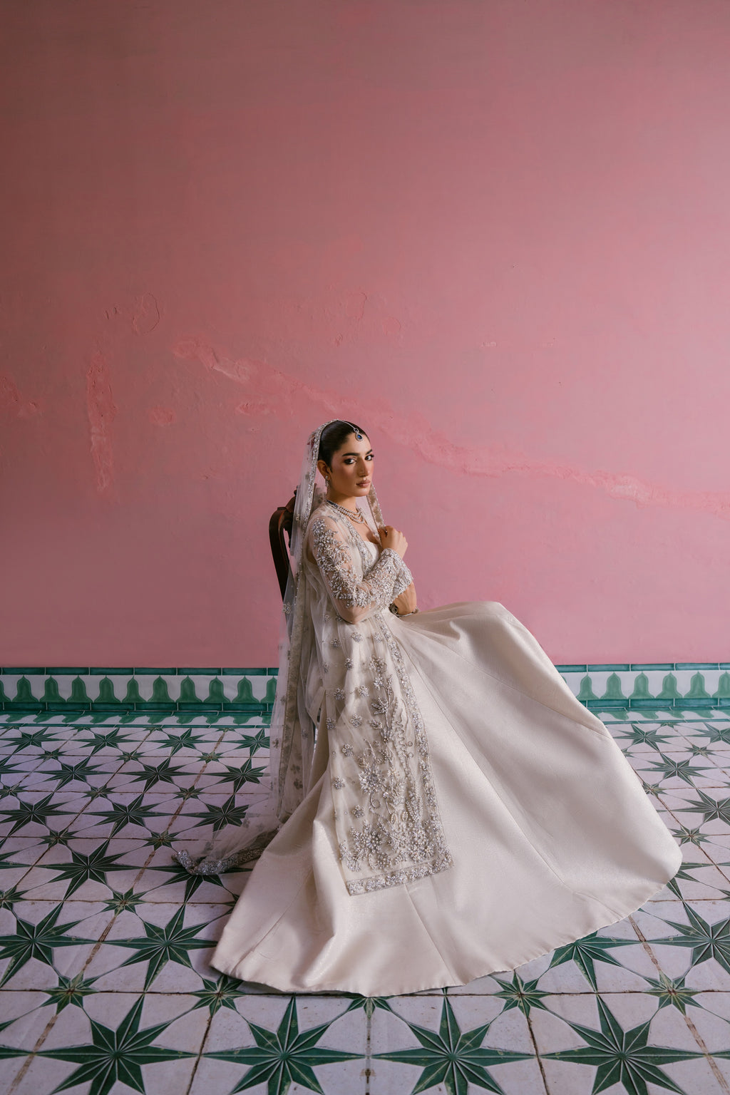 Seher ivory shimmer silk pishwas with embellished net gown