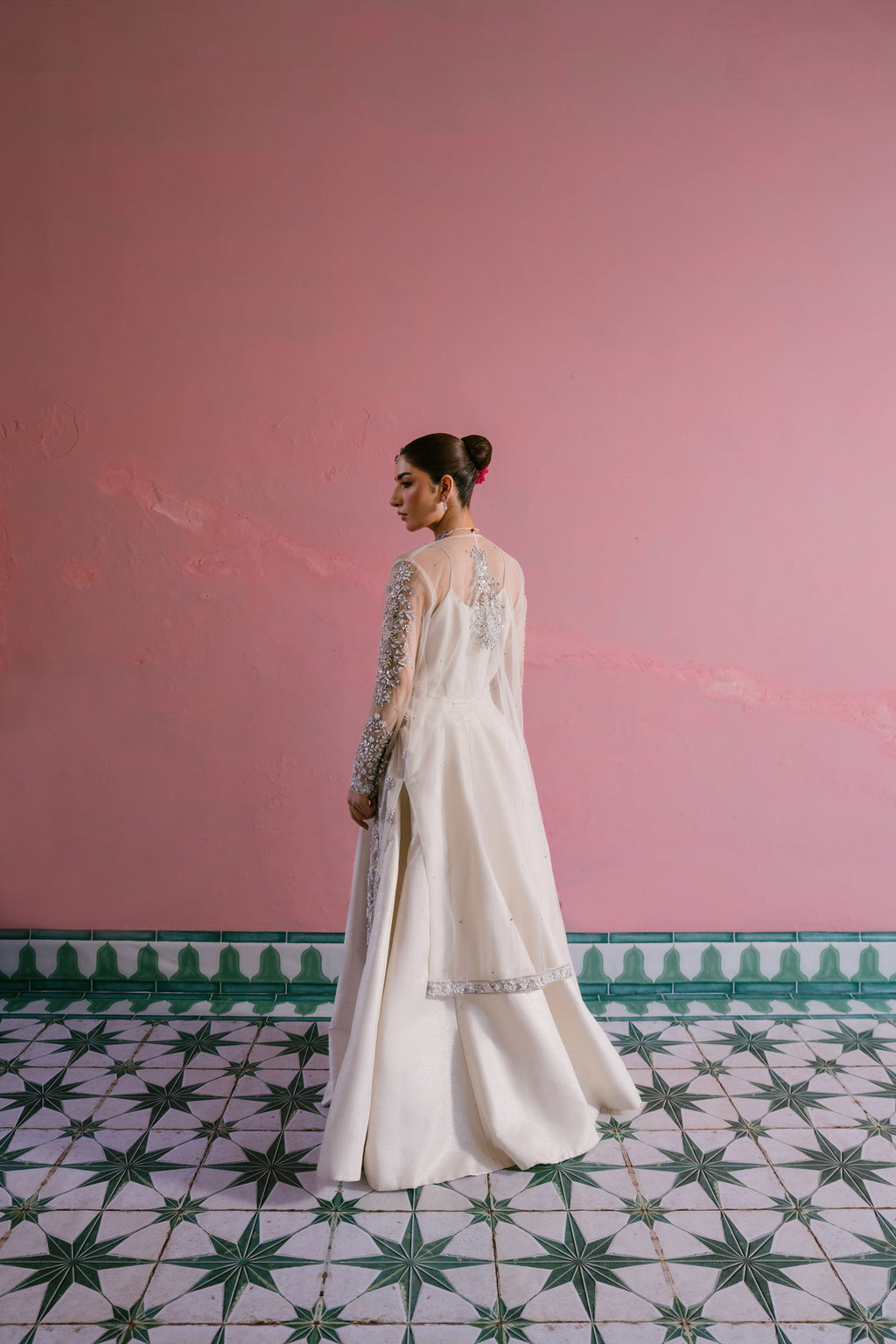 Seher ivory shimmer silk pishwas with embellished net gown