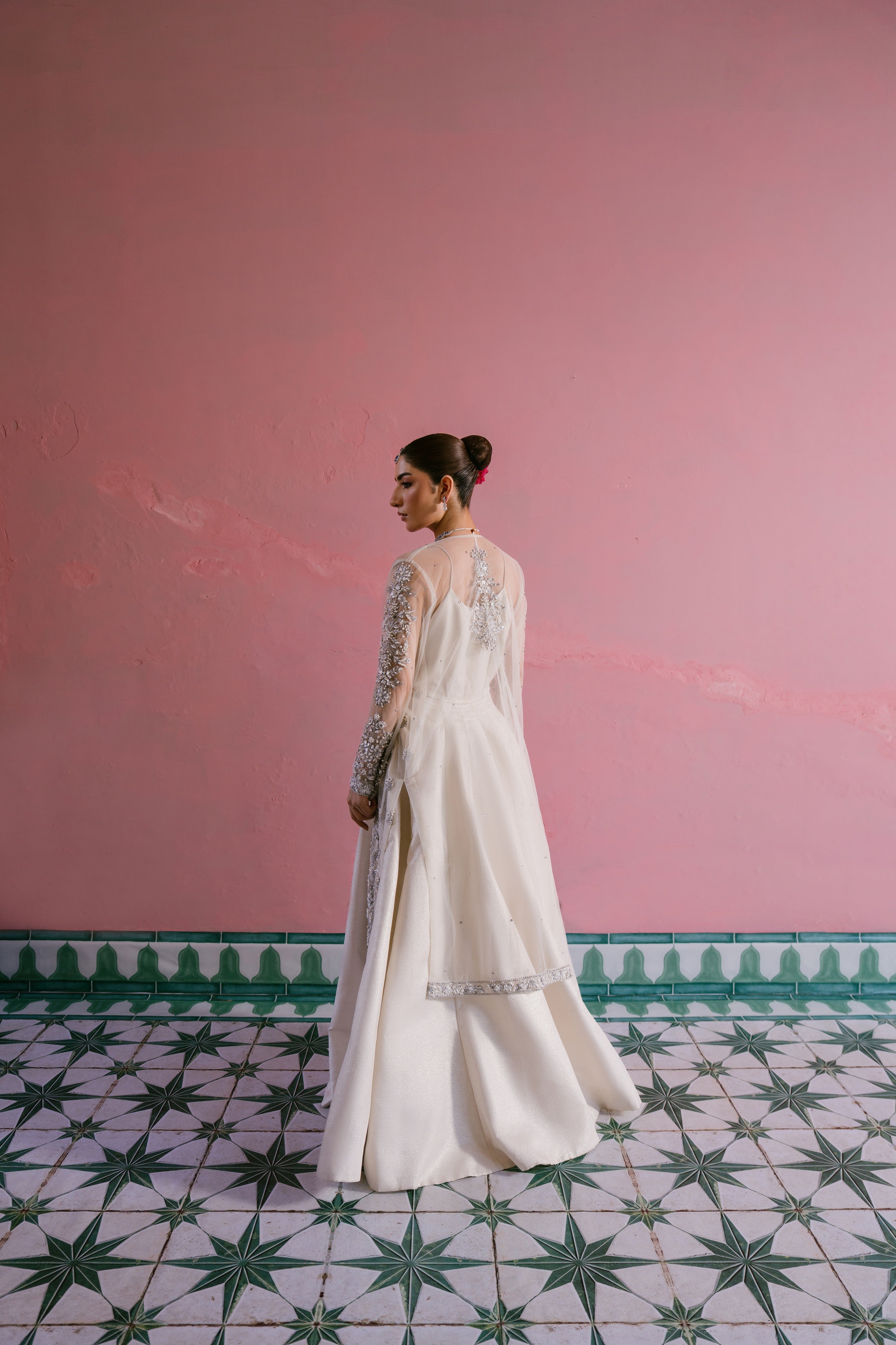 Seher ivory shimmer silk pishwas with embellished net gown