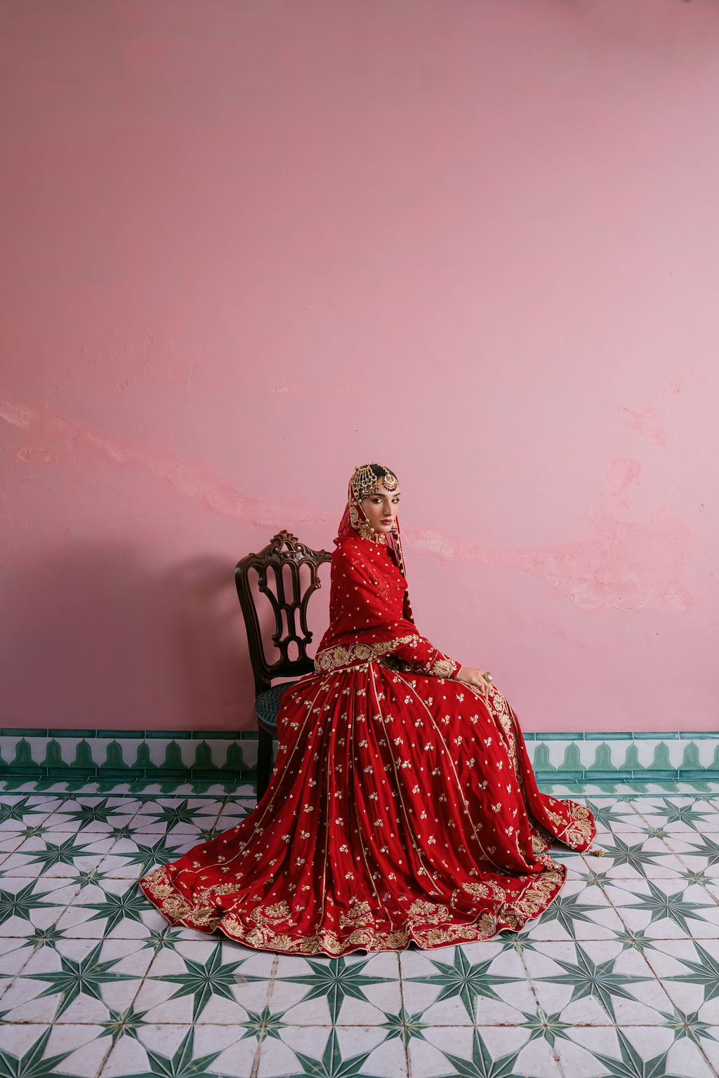 Laal red chiffon bridal dress with hand embellishment and 10 meter flare