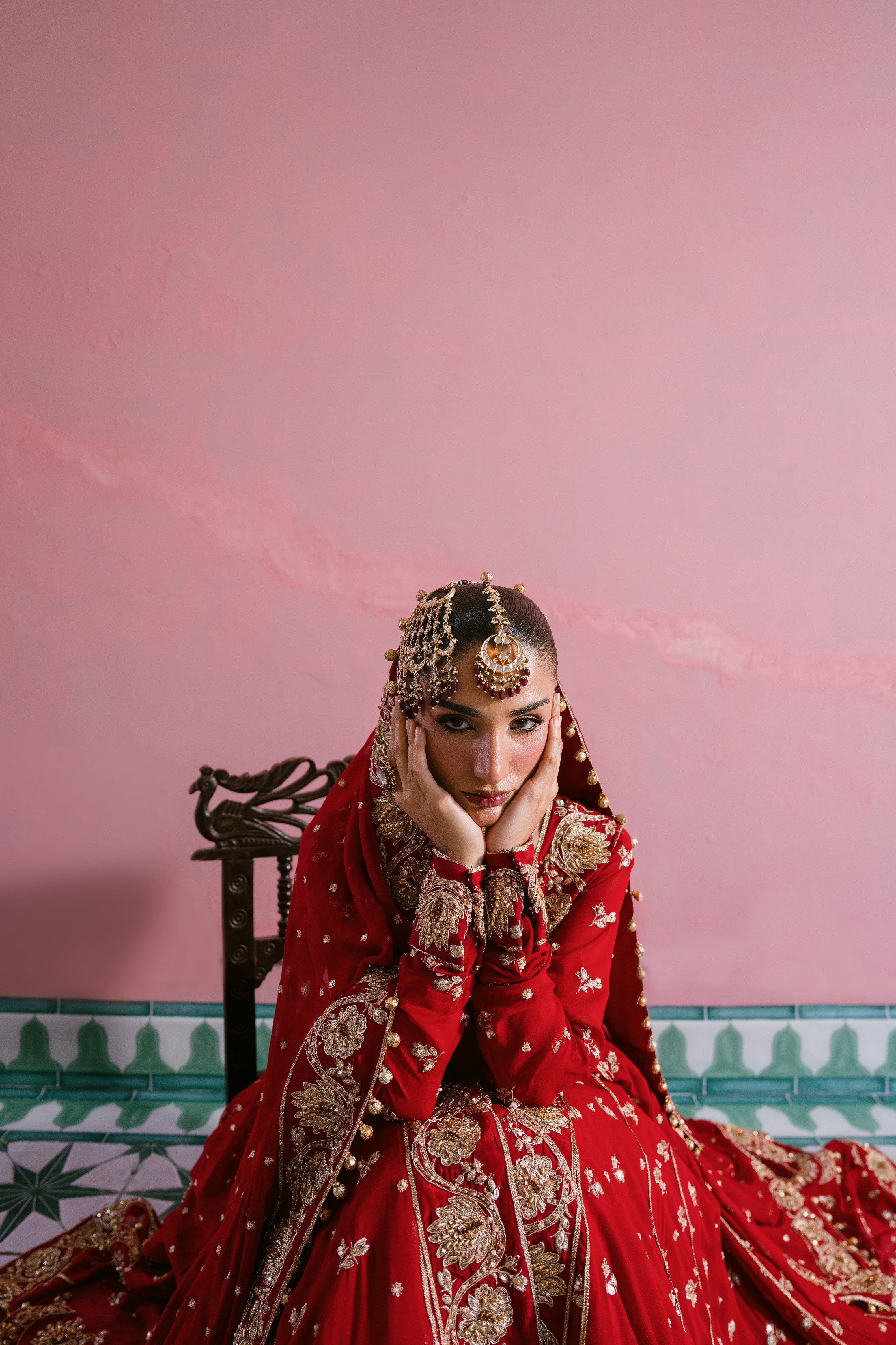 Laal red chiffon bridal dress with hand embellishment and 10 meter flare