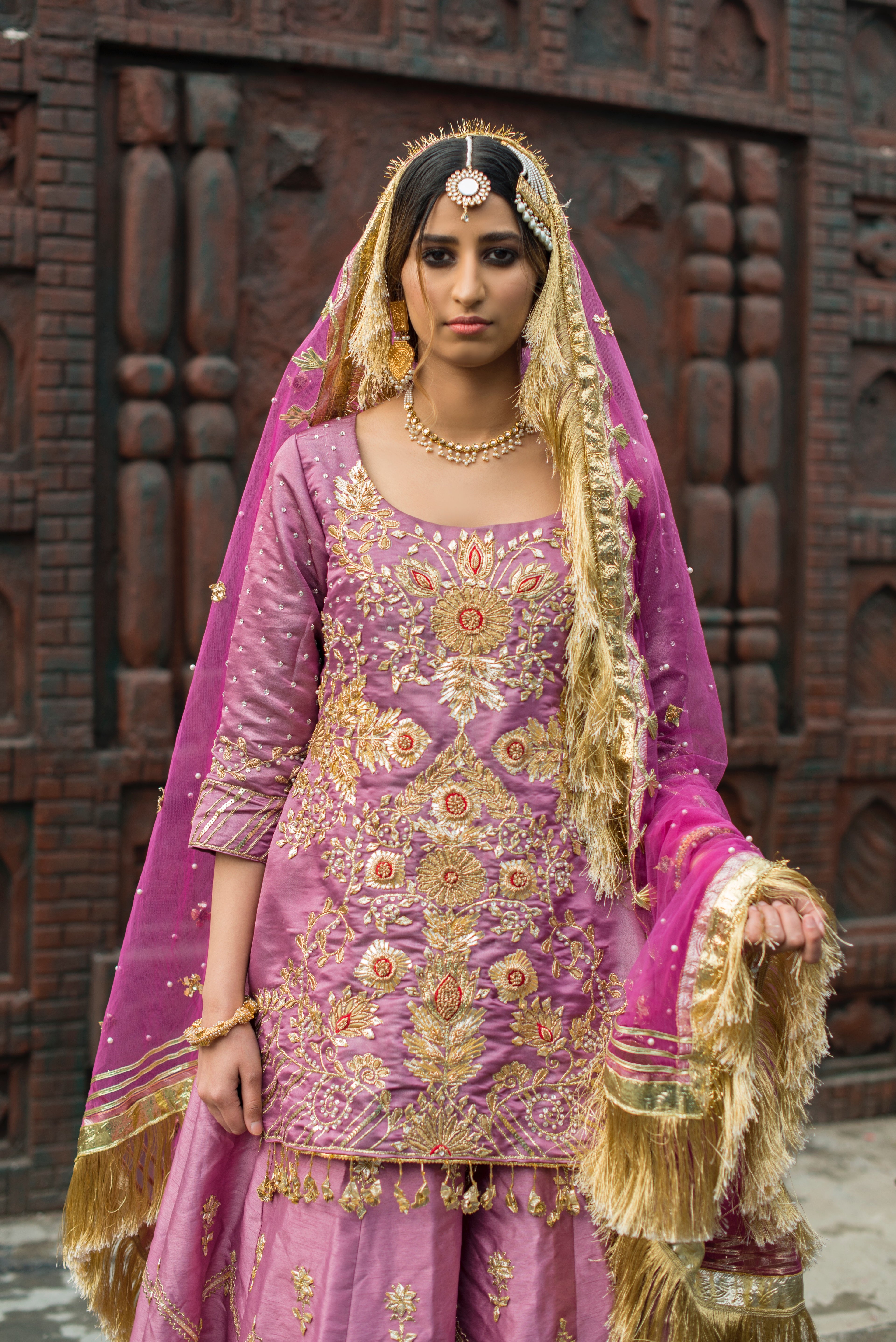 Gulaabi lavender pink embellished shirt with flared lehnga and gota lappa work