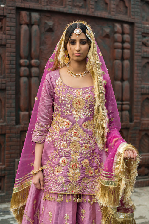 Gulaabi lavender pink embellished shirt with flared lehnga and gota lappa work