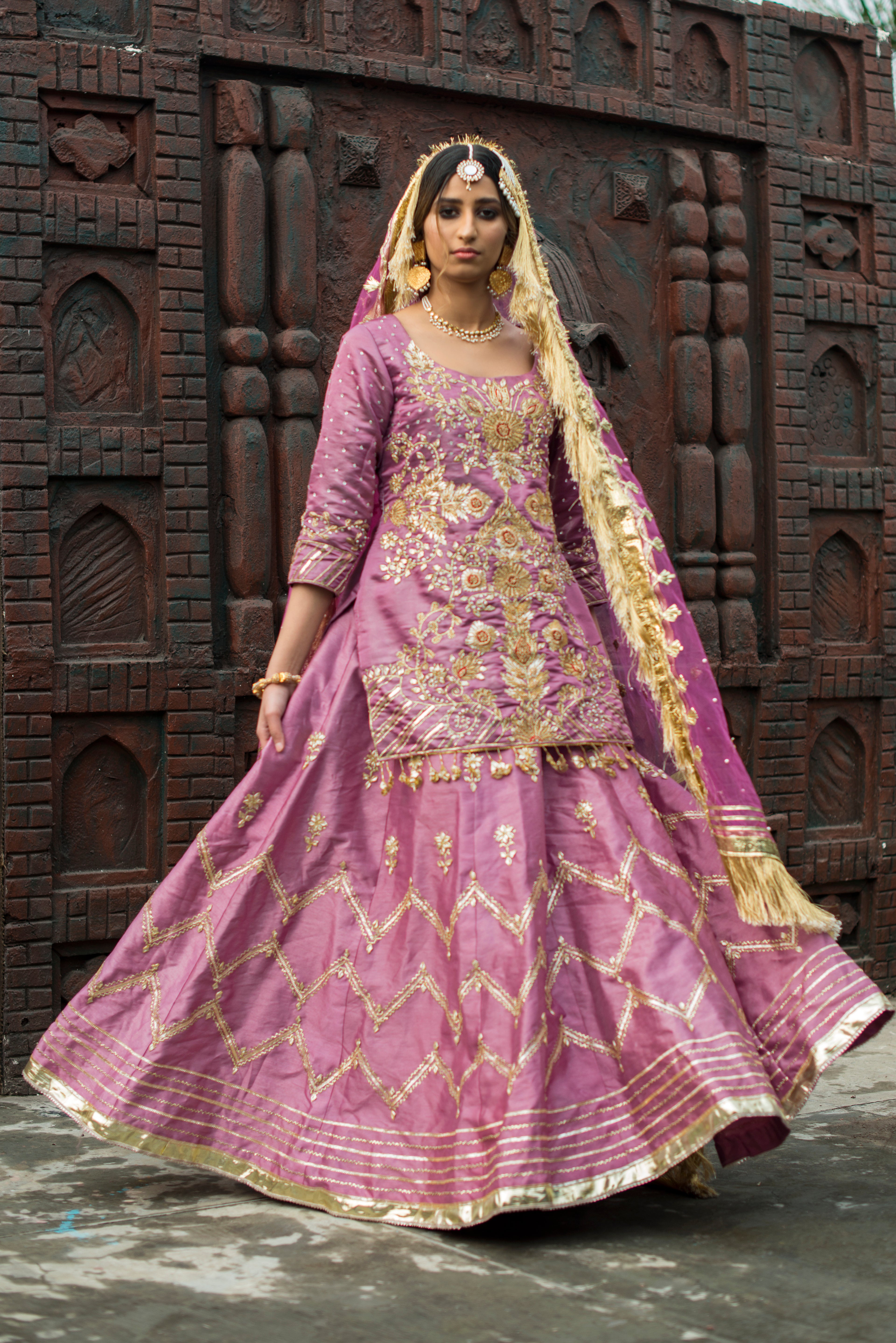 Gulaabi lavender pink embellished shirt with flared lehnga and gota lappa work