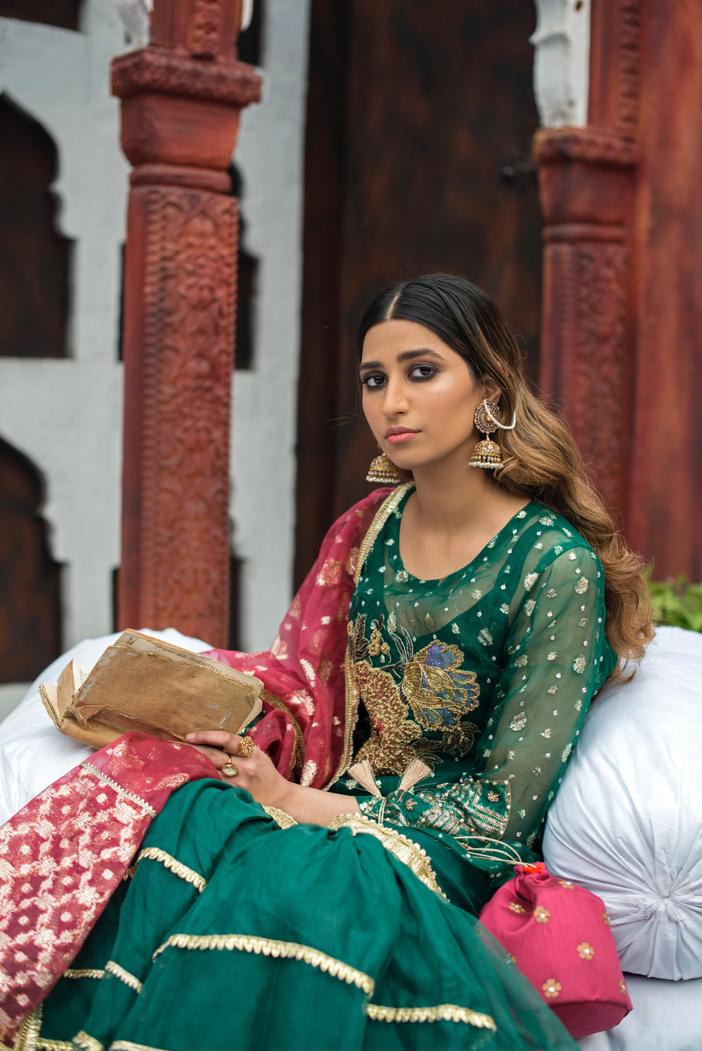 Sabz green flared ghrara with hand embellished organza shirt and dupatta