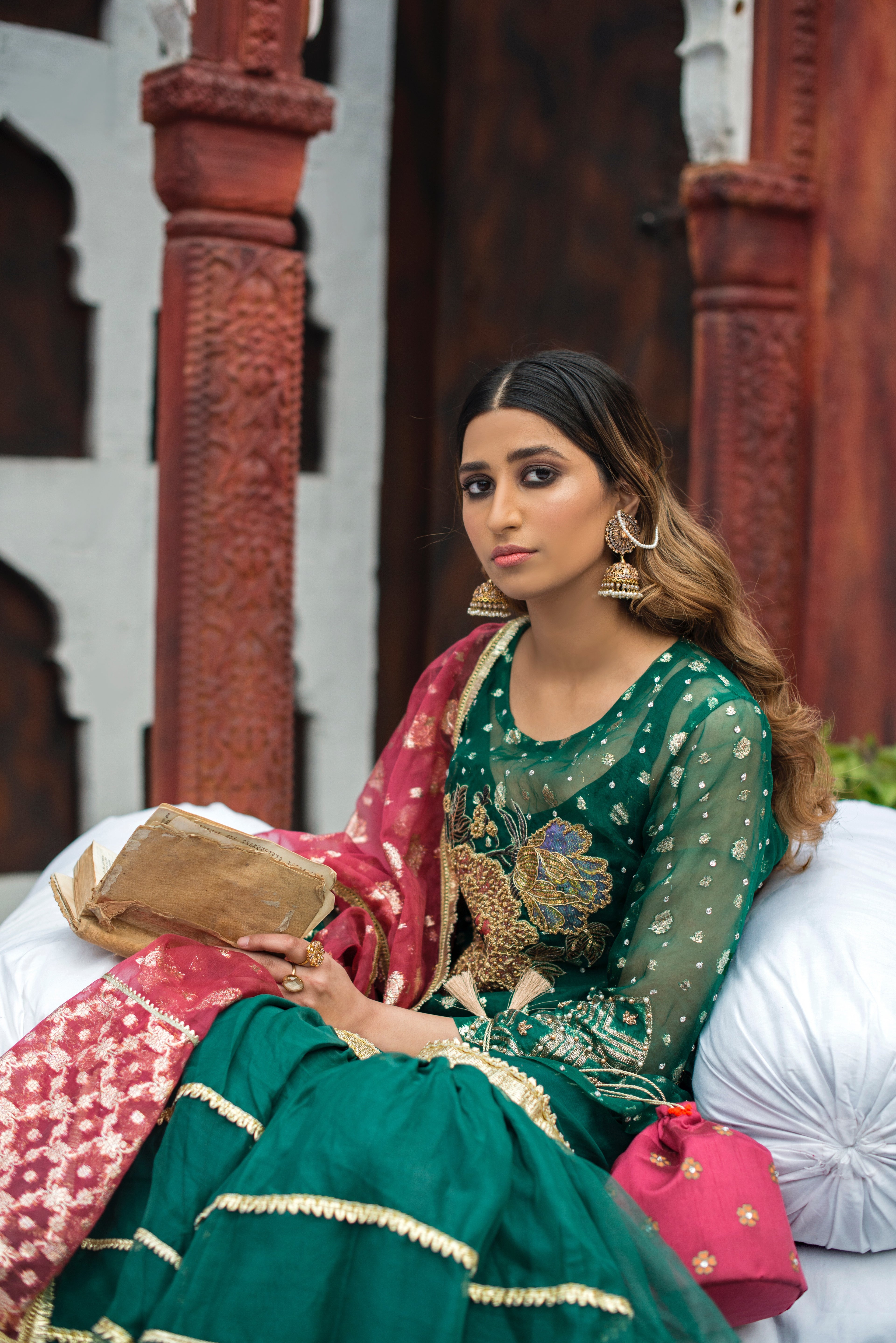 Sabz green flared ghrara with hand embellished organza shirt and dupatta