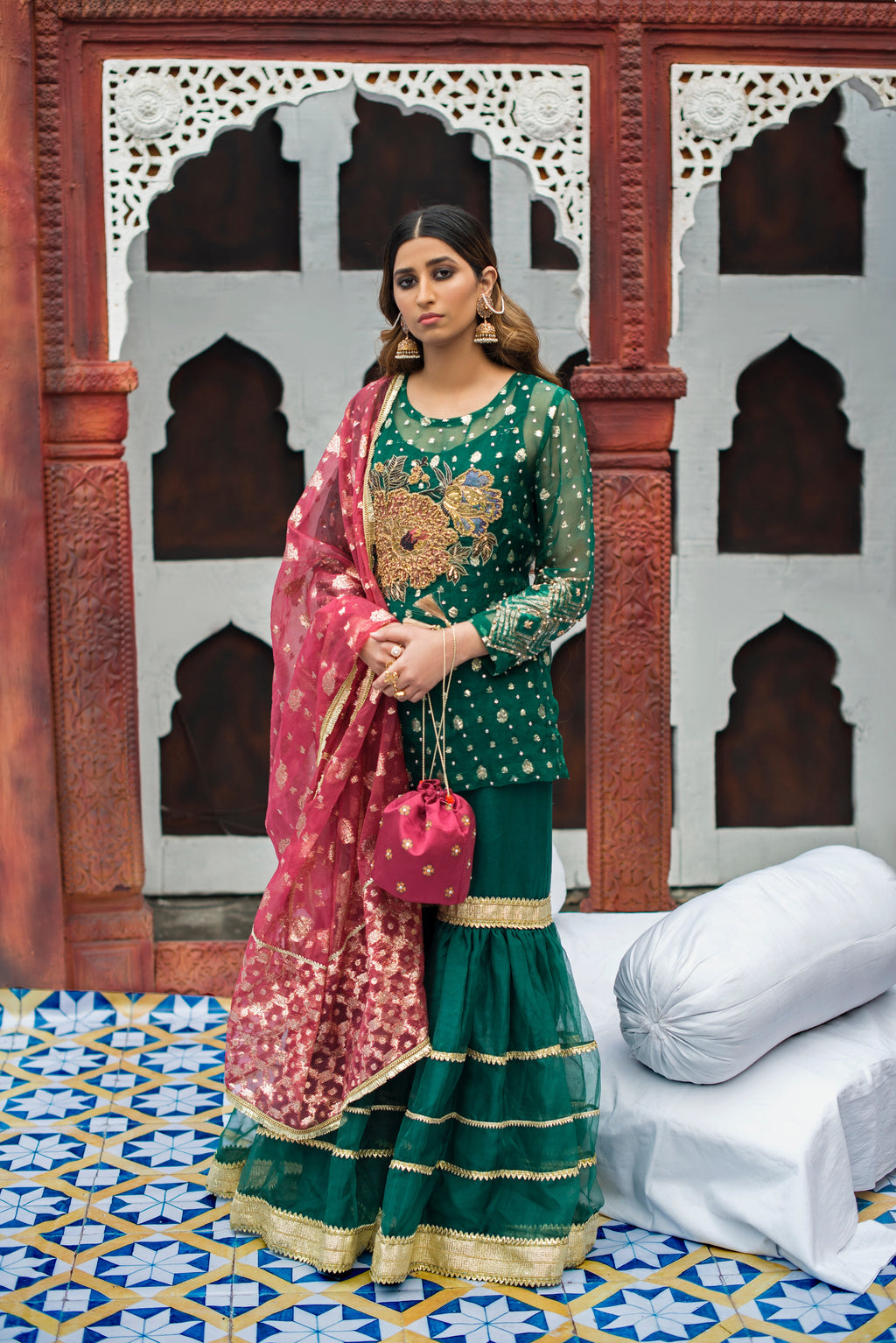 Sabz green flared ghrara with hand embellished organza shirt and dupatta