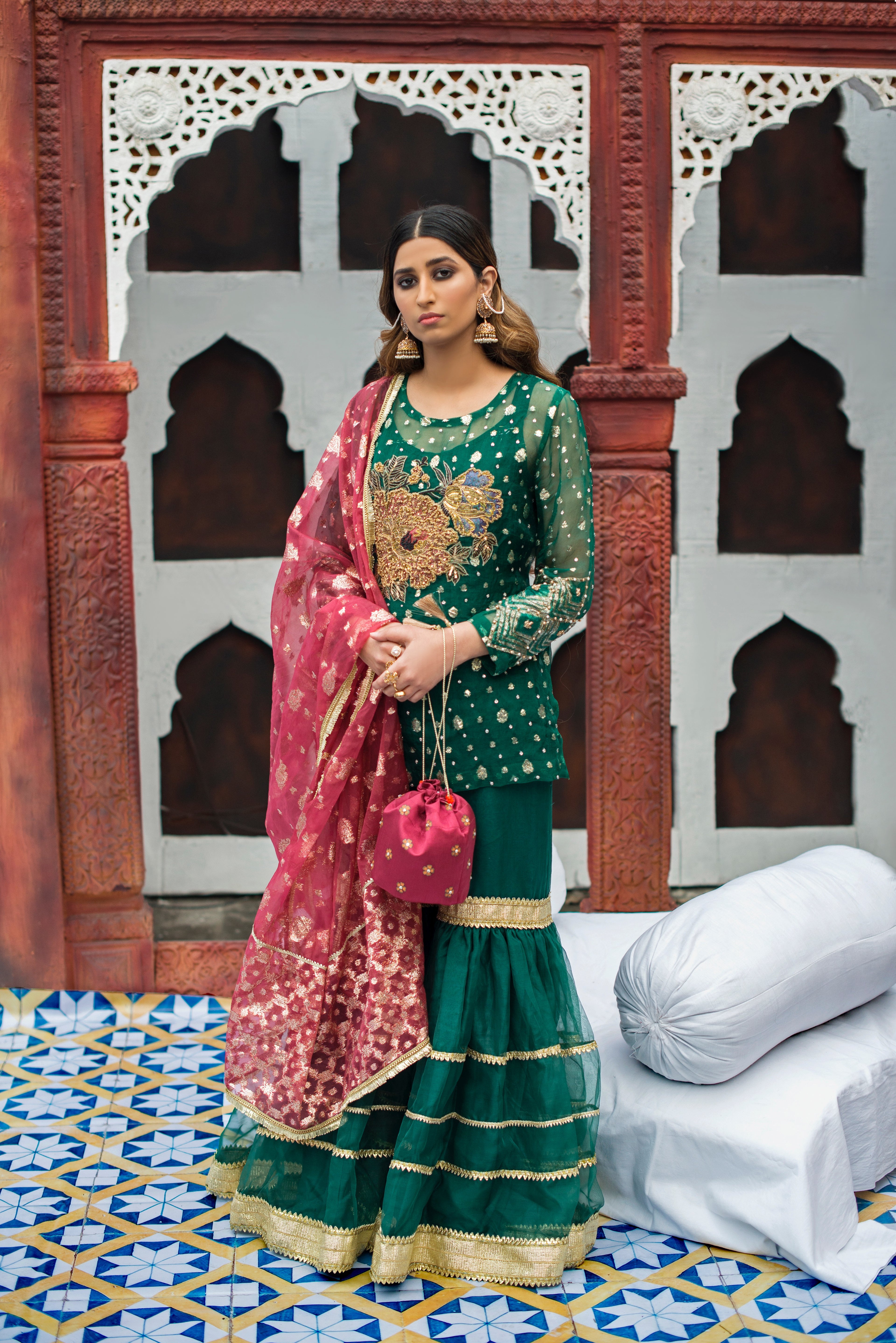 Sabz green flared ghrara with hand embellished organza shirt and dupatta