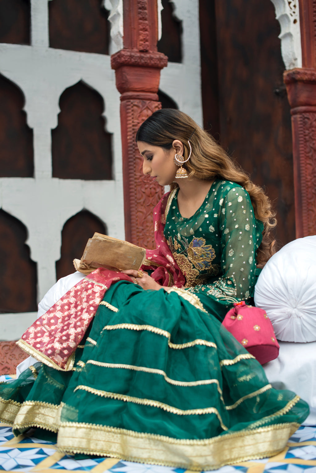 Sabz green flared ghrara with hand embellished organza shirt and dupatta