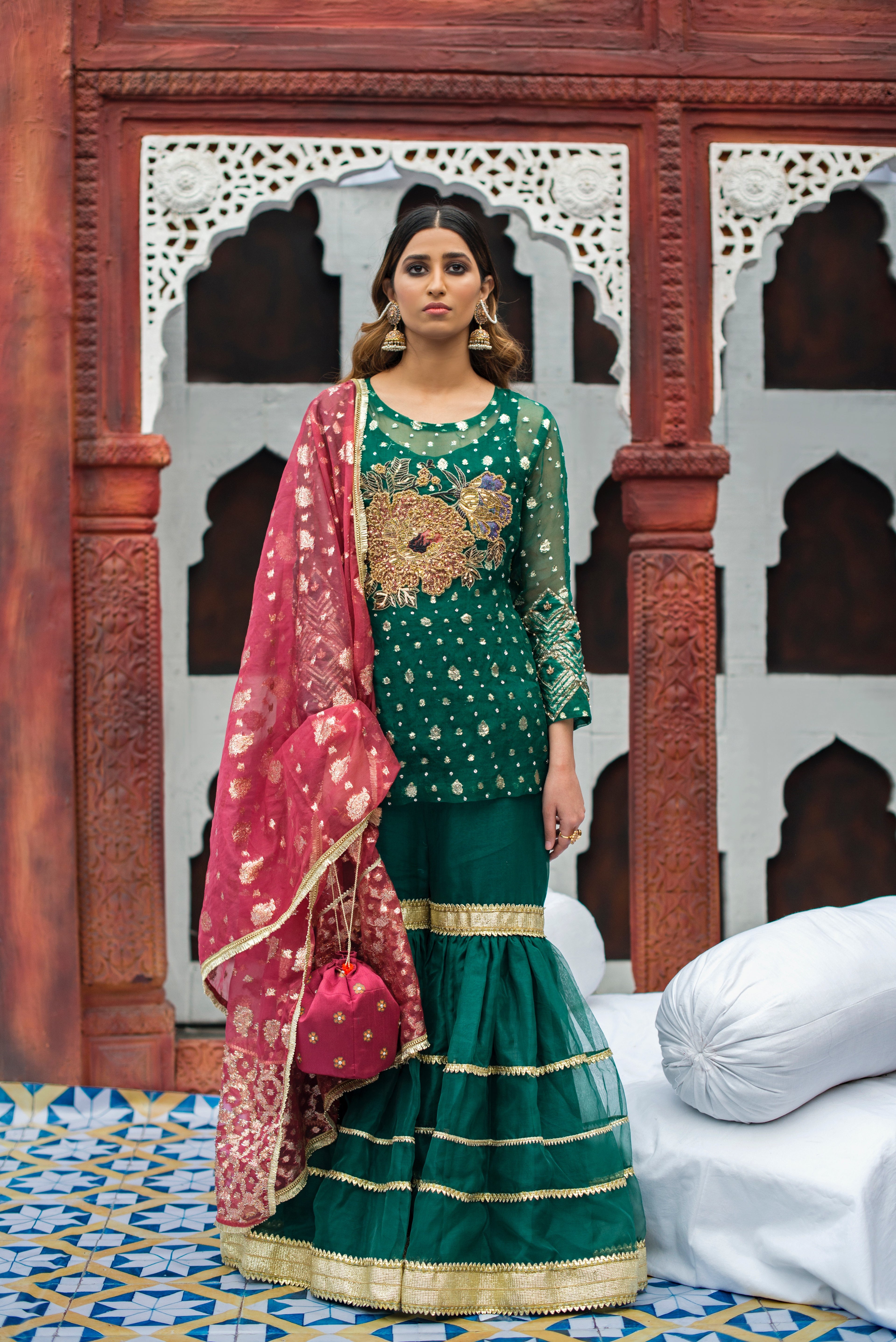 Sabz green flared ghrara with hand embellished organza shirt and dupatta