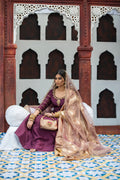 Jaamni medium tone flared pishwas with hand embellished neckline and tissue shawl