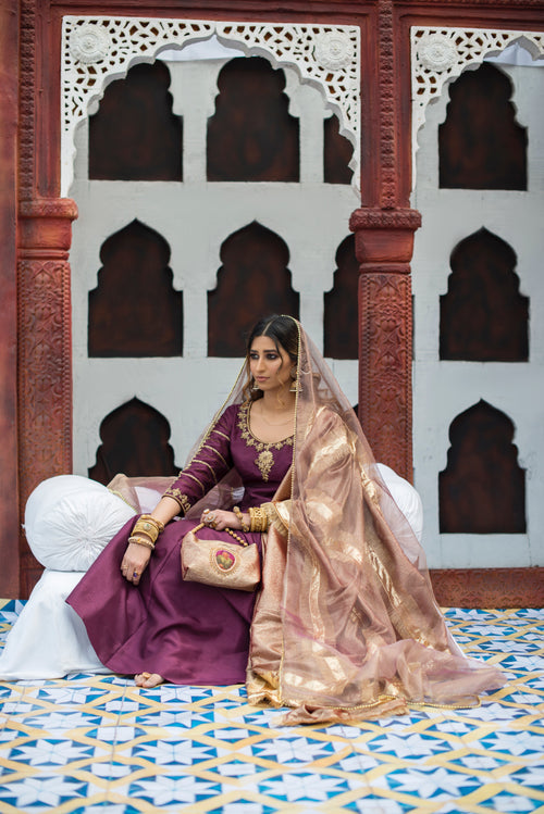 Jaamni medium tone flared pishwas with hand embellished neckline and tissue shawl