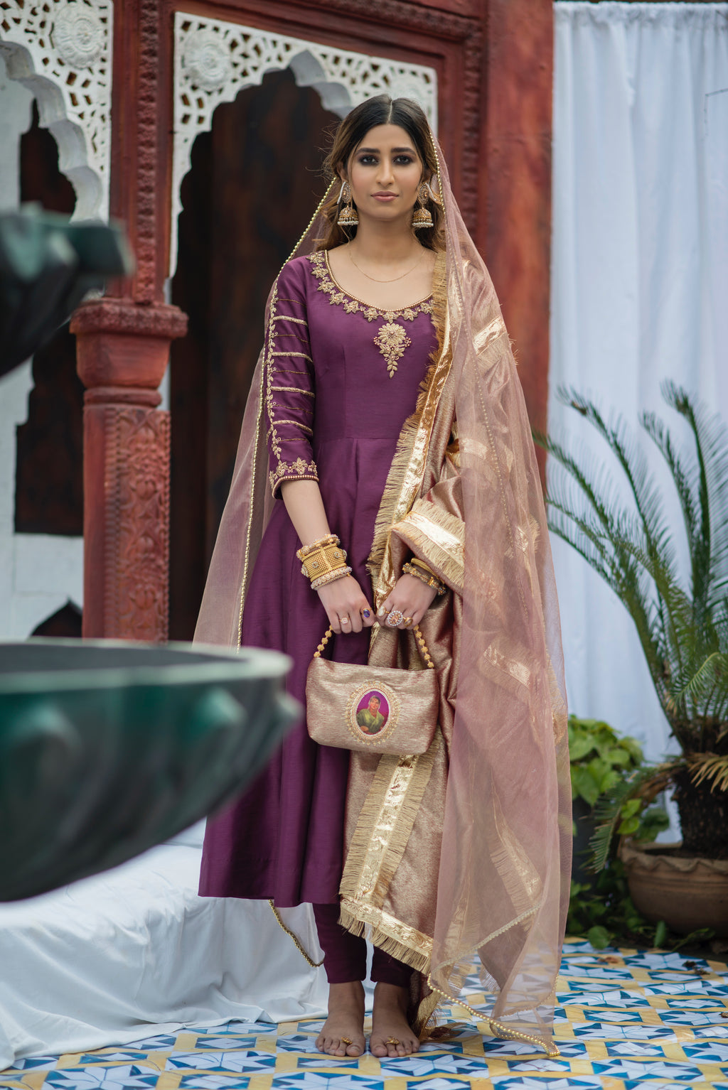 Jaamni medium tone flared pishwas with hand embellished neckline and tissue shawl