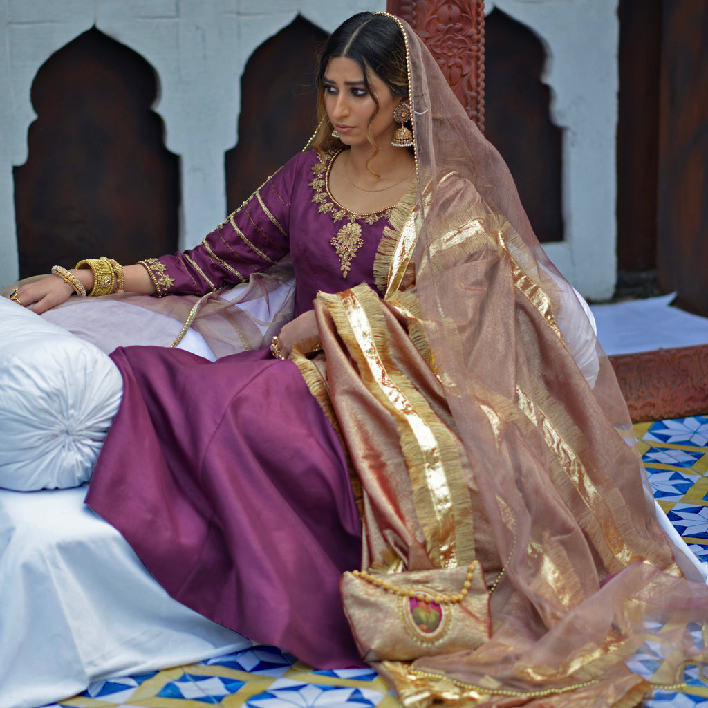Jaamni medium tone flared pishwas with hand embellished neckline and tissue shawl