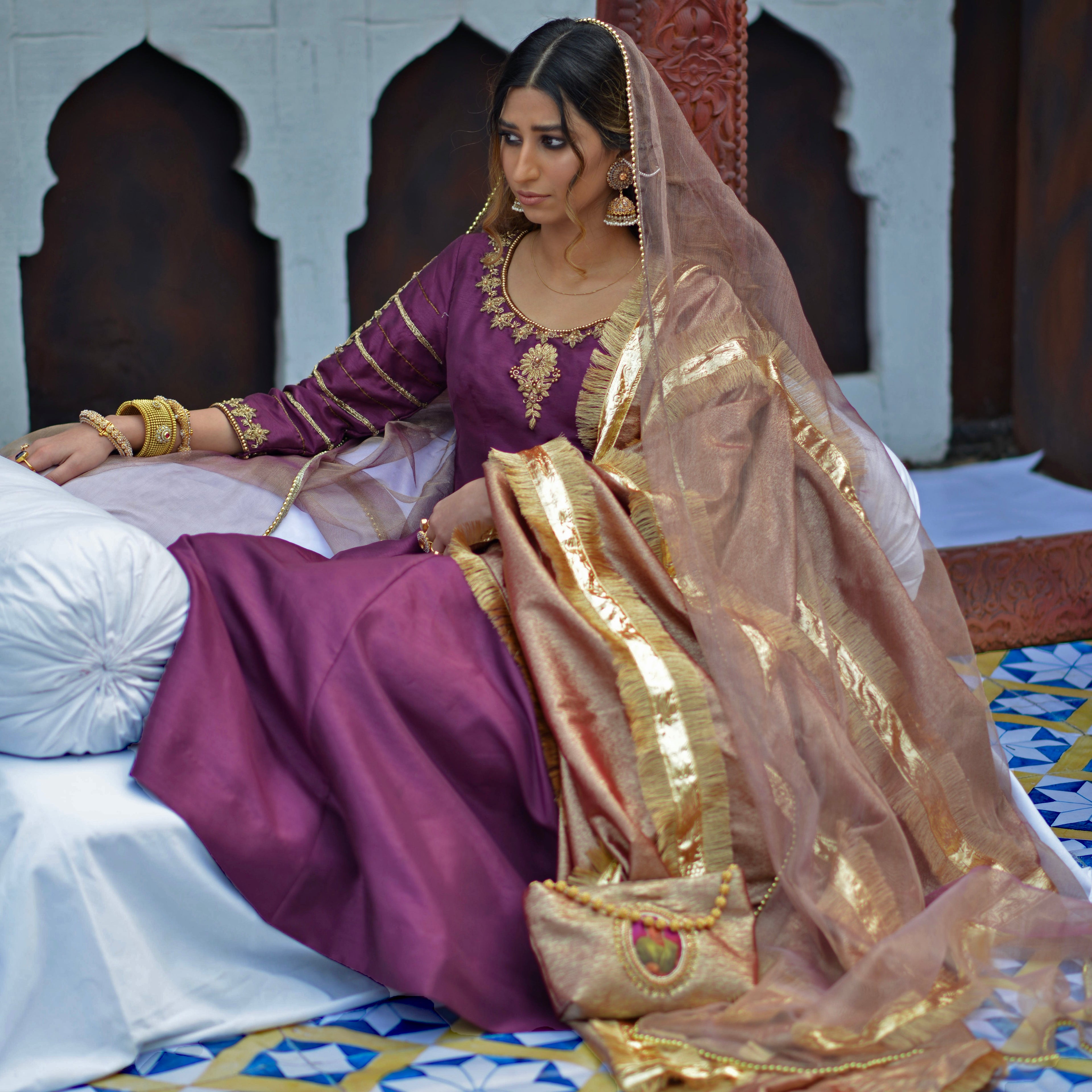 Jaamni medium tone flared pishwas with hand embellished neckline and tissue shawl